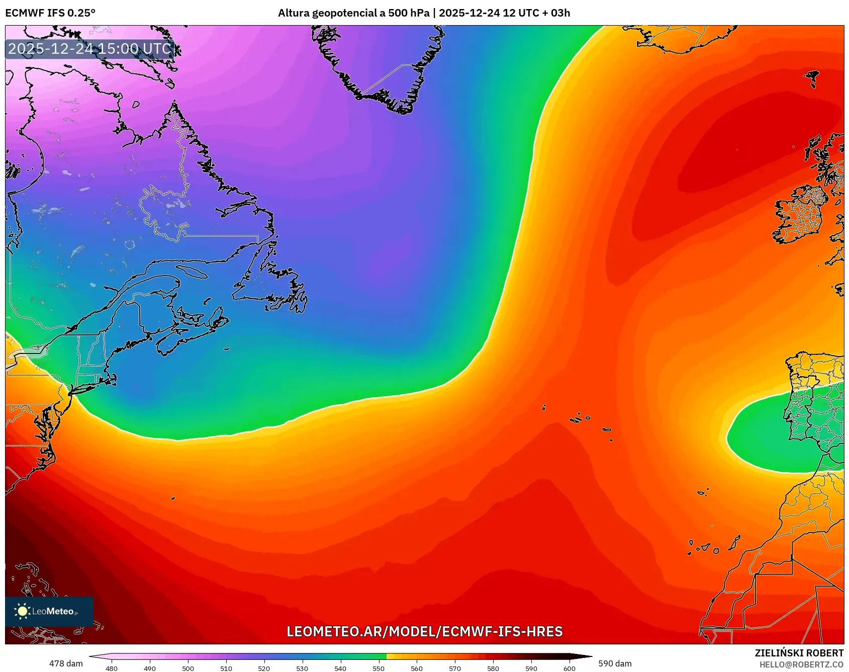 ECMWF IFS 0.25° model - Atlantyk Północny, Wysokość geopotencjalna na poziomie 500 hPa