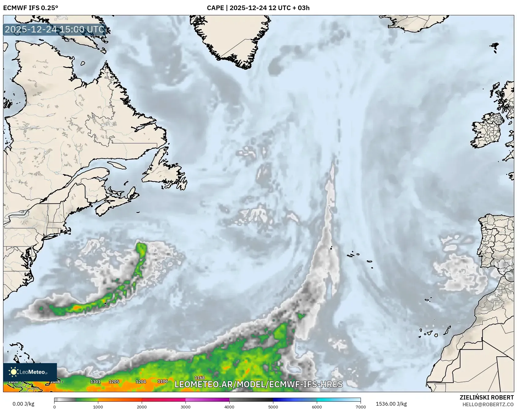 ECMWF IFS 0.25° model - Atlantyk Północny, CAPE