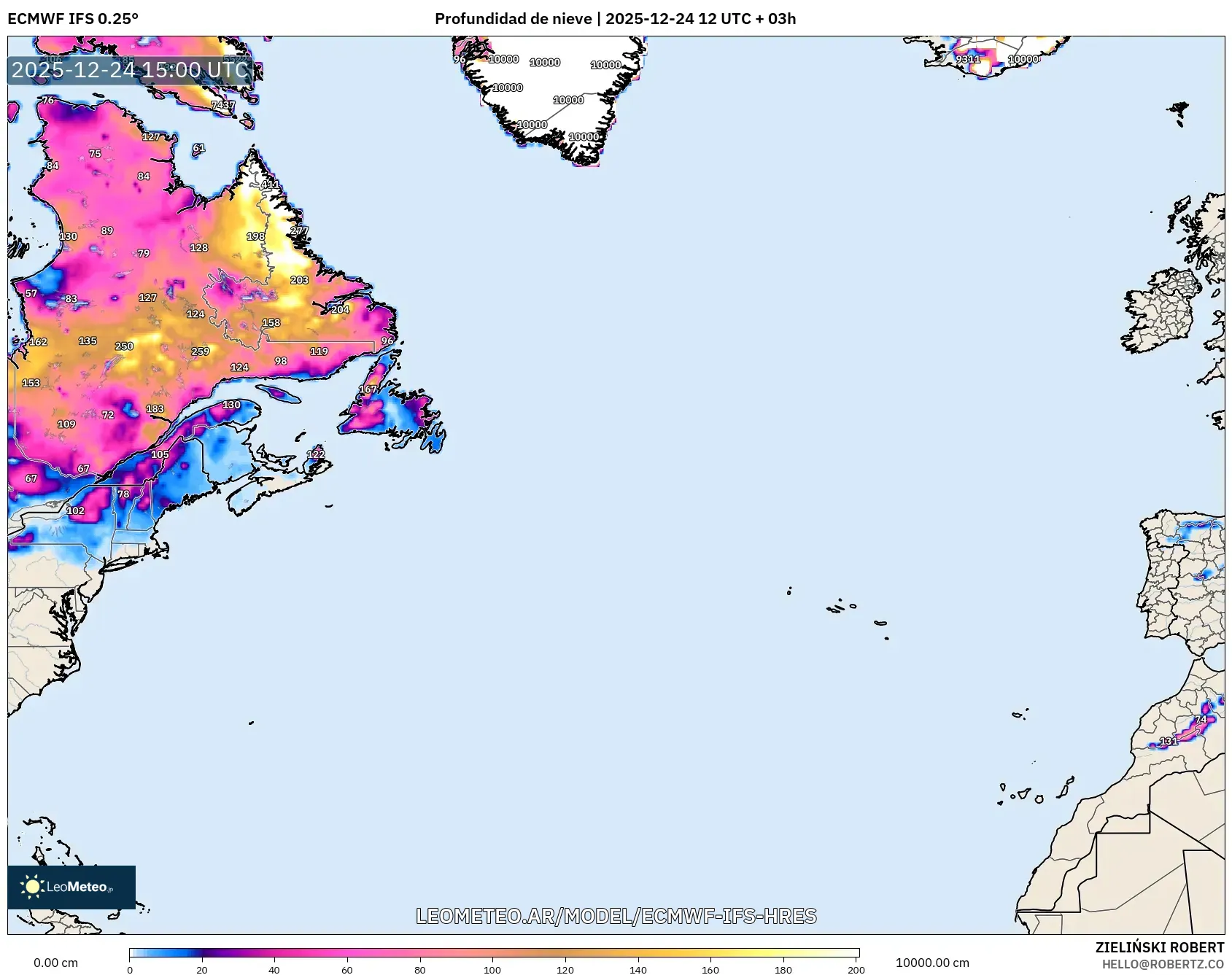 ECMWF IFS 0.25° model - Atlantyk Północny, Pokrywa śnieżna