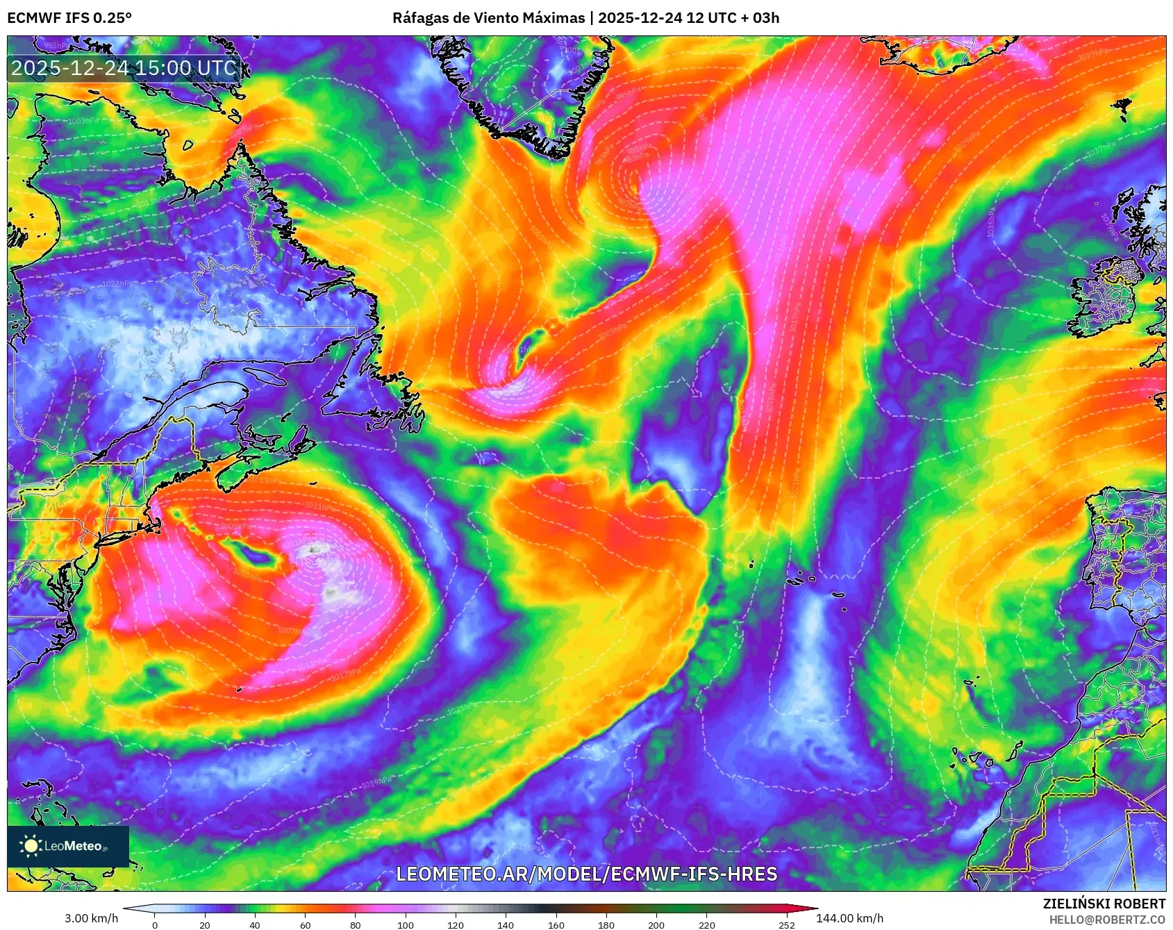 ECMWF IFS 0.25° model - Atlantyk Północny, Maksymalne Porywy Wiatru