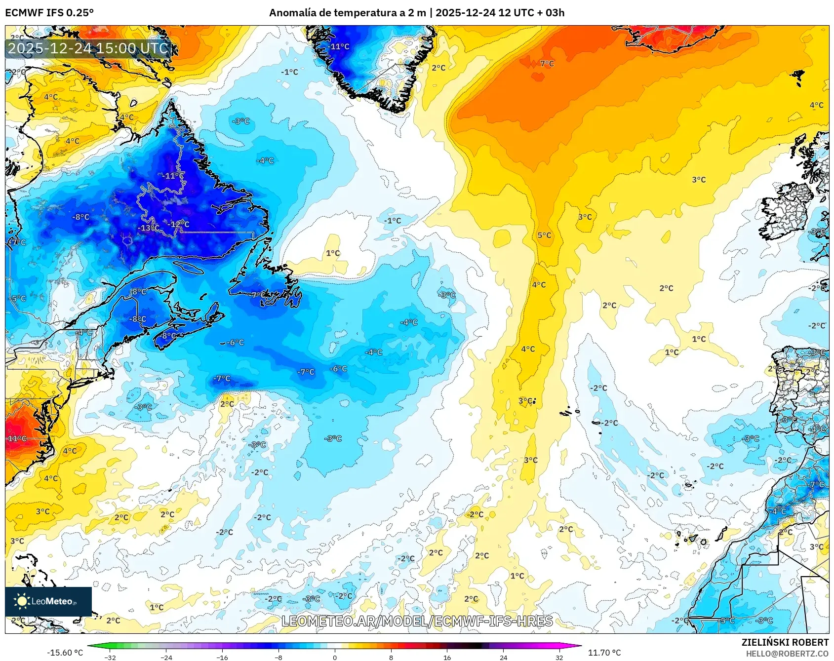 ECMWF IFS 0.25° model - Atlantyk Północny, Anomalia temperatury na 2 m