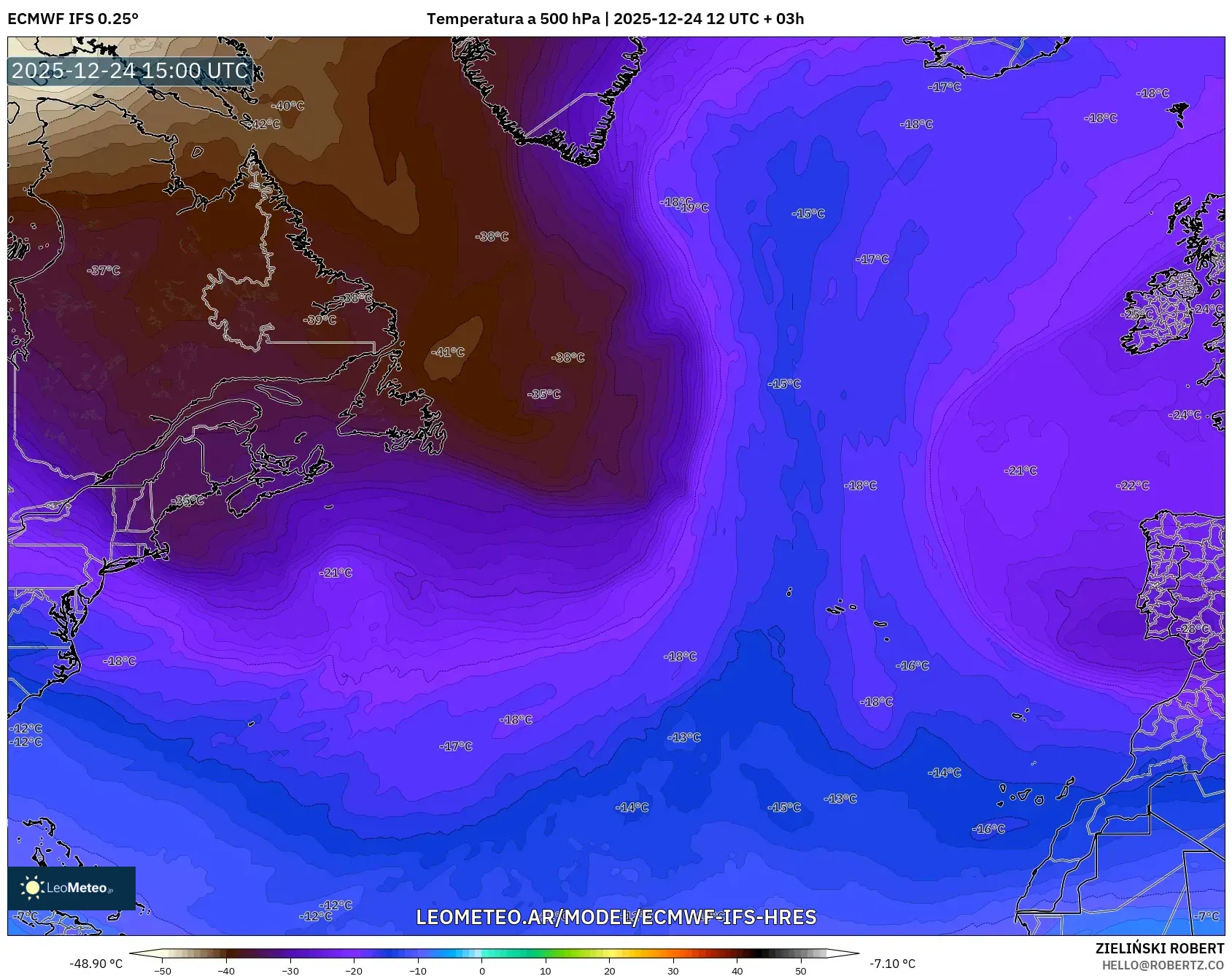 ECMWF IFS 0.25° model - Atlantyk Północny, Temperatura na 500 hPa