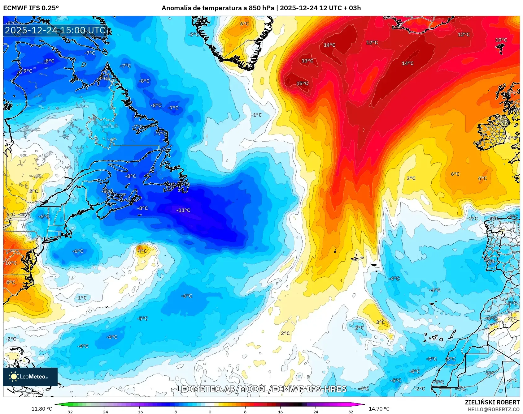 ECMWF IFS 0.25° model - Atlantyk Północny, Anomalia temperatury na 850 hPa