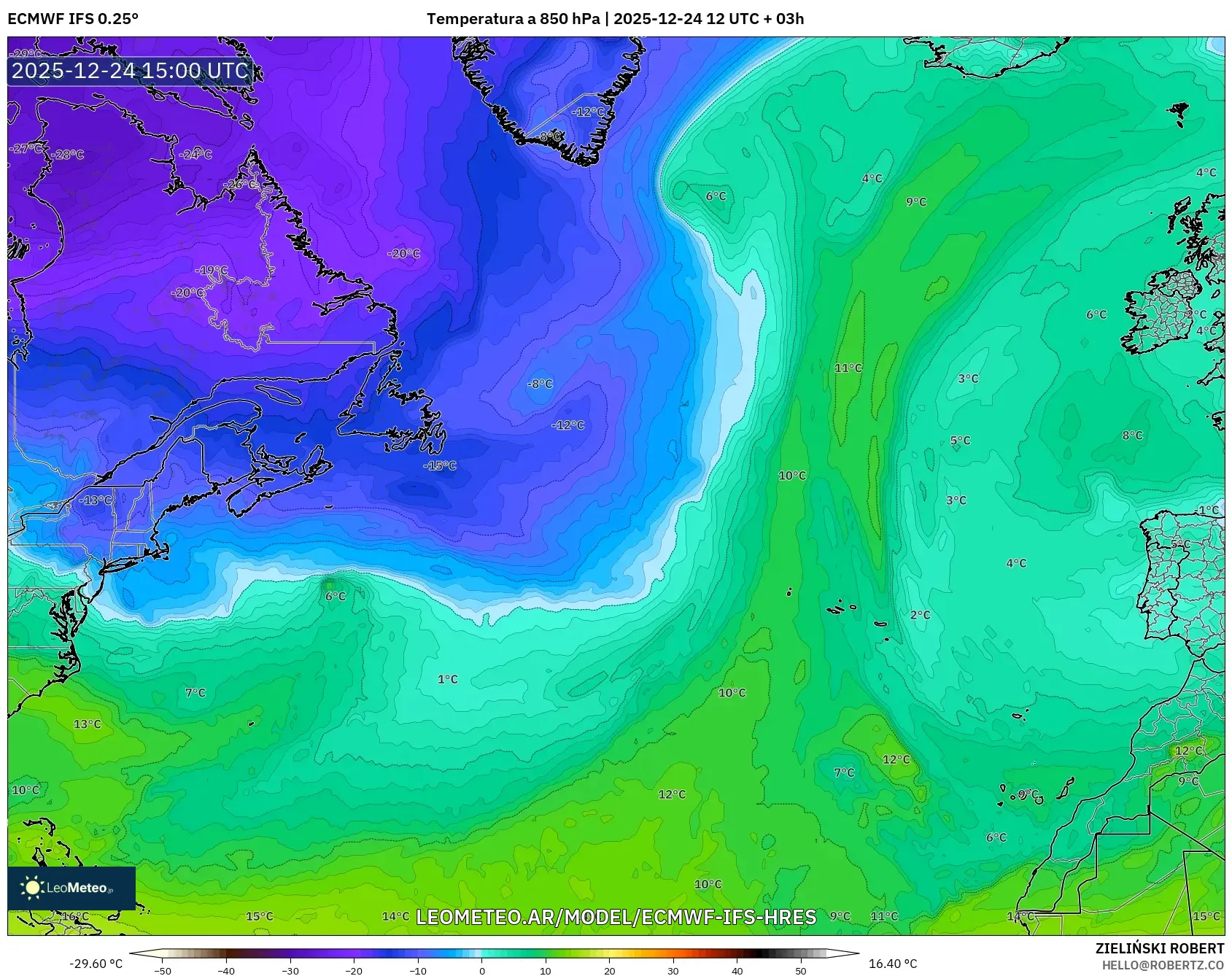 ECMWF IFS 0.25° model - Atlantyk Północny, Temperatura na 850 hPa