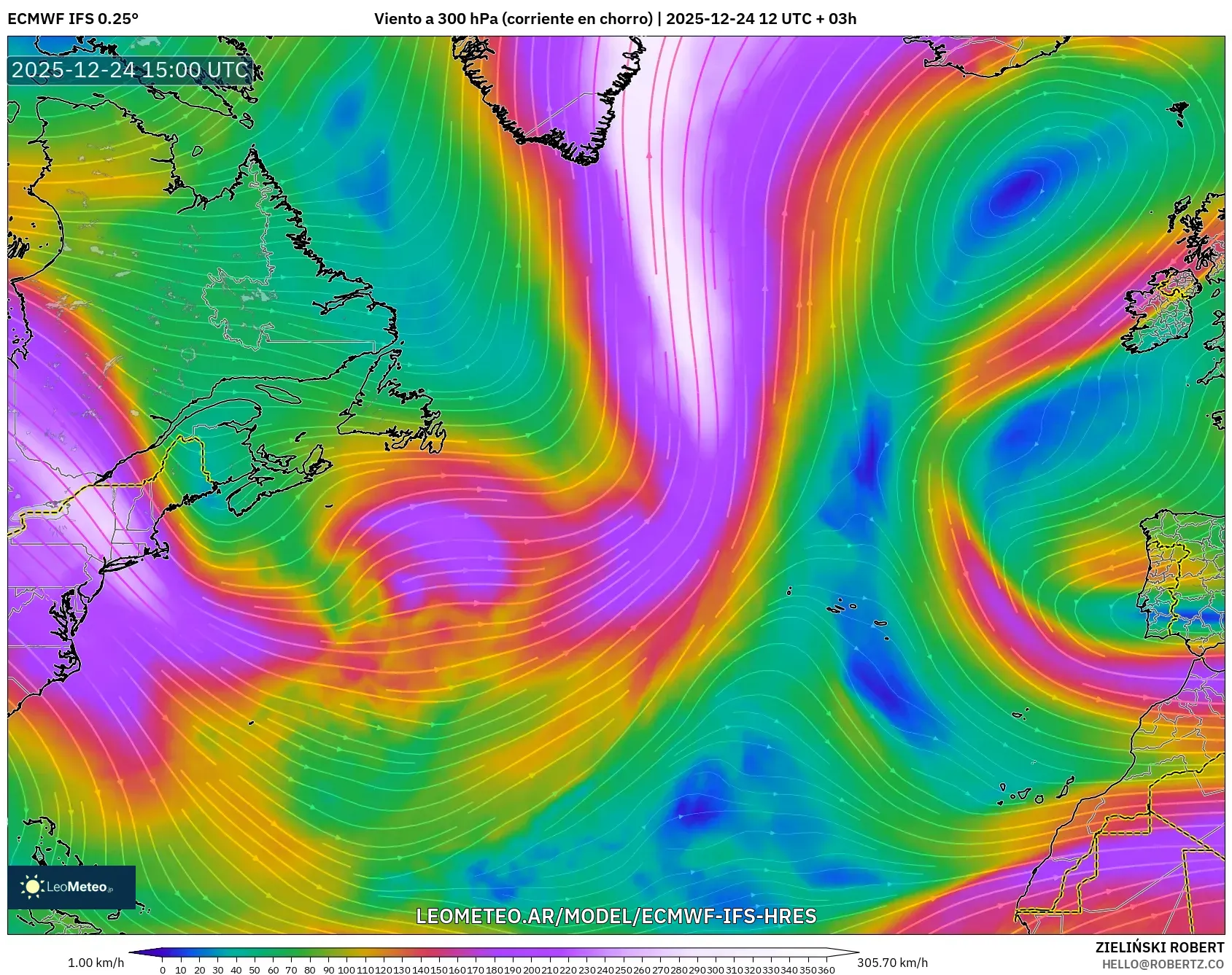 ECMWF IFS 0.25° model - Atlantyk Północny, Wiatr na 300 hPa (prąd strumieniowy)
