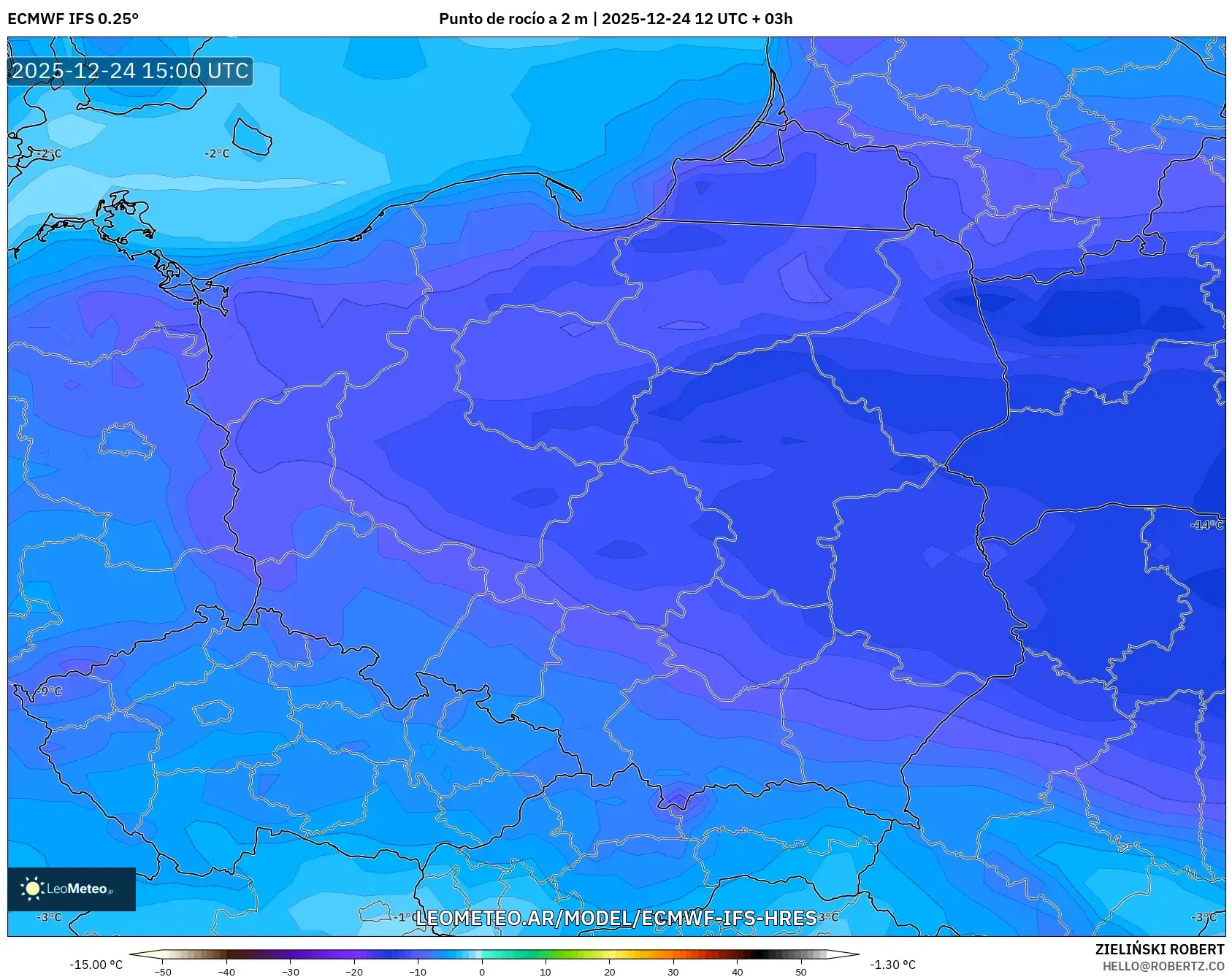 ECMWF IFS 0.25° model - Polska, Punkt rosy na 2 m