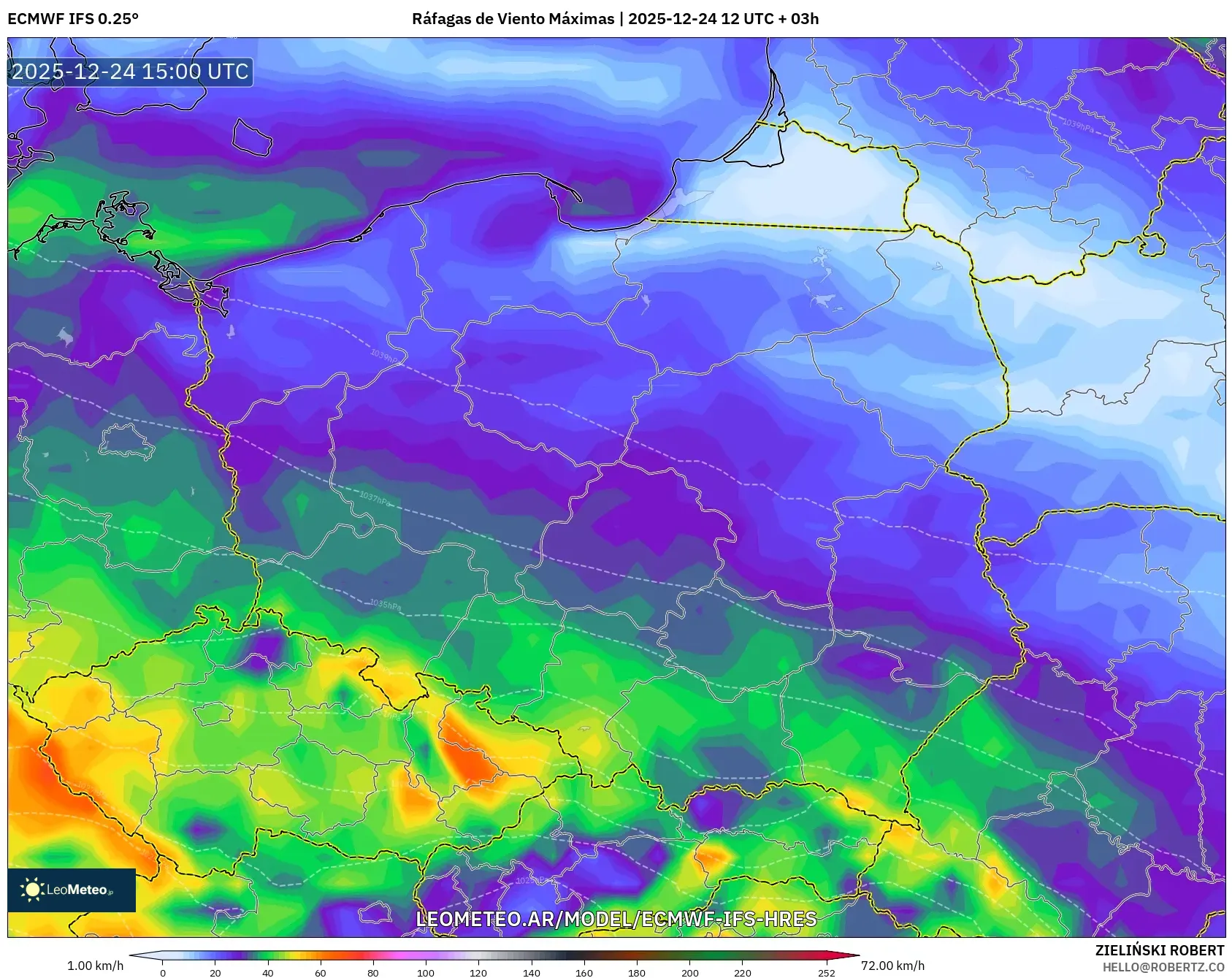 ECMWF IFS 0.25° model - Polska, Maksymalne Porywy Wiatru