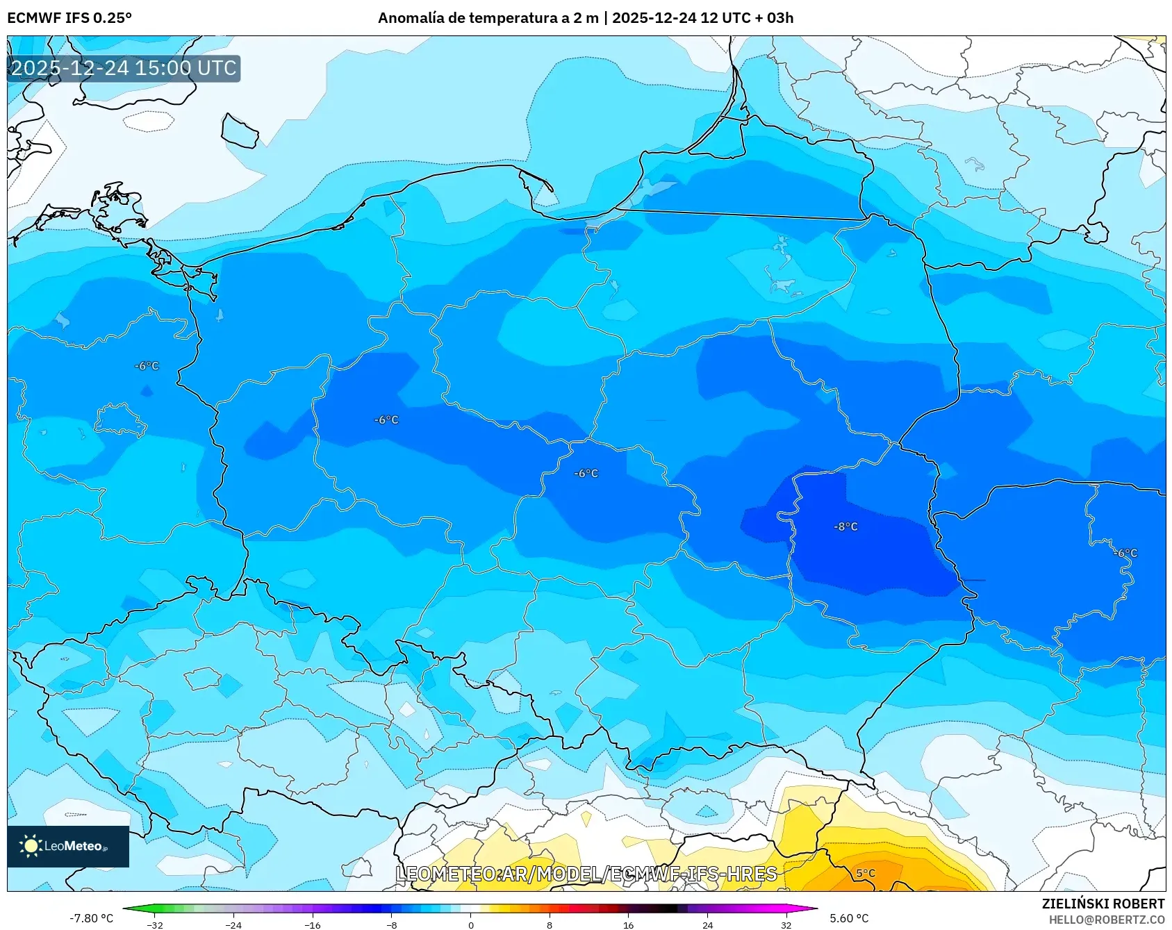 ECMWF IFS 0.25° model - Polska, Anomalia temperatury na 2 m