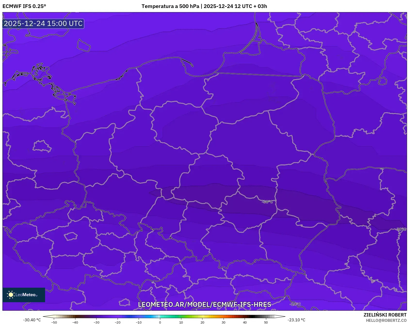 ECMWF IFS 0.25° model - Polska, Temperatura na 500 hPa