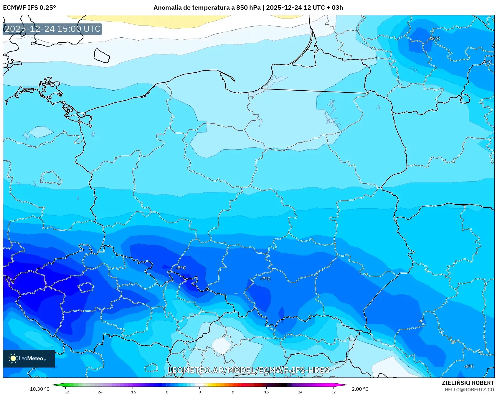 ECMWF IFS 0.25° model - Polska, Anomalia temperatury na 850 hPa