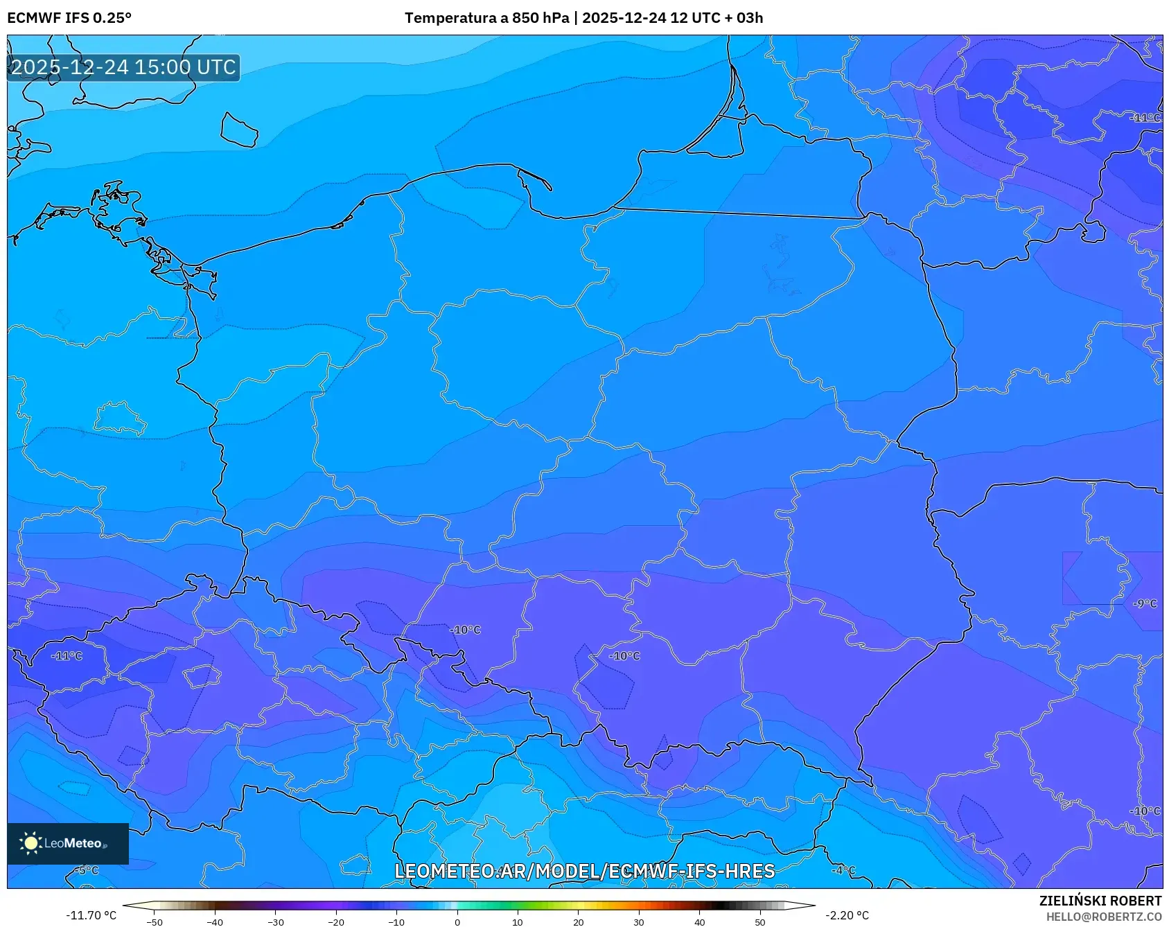 ECMWF IFS 0.25° model - Polska, Temperatura na 850 hPa