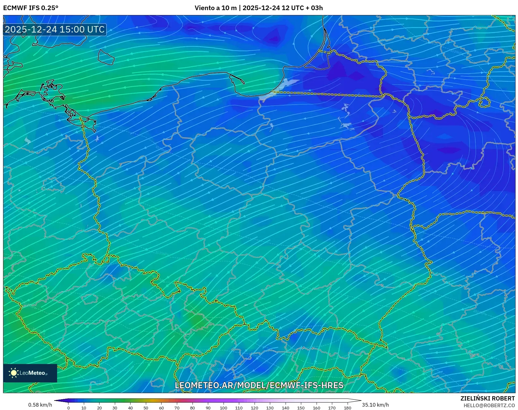 ECMWF IFS 0.25° model - Polska, Wiatr na 10 m