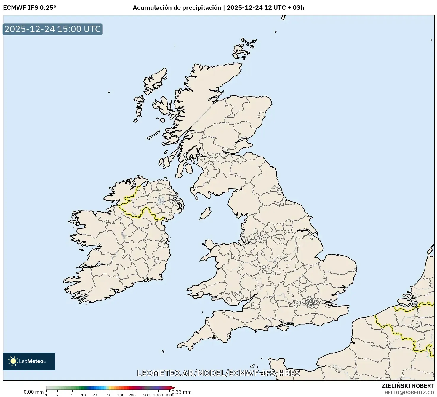 ECMWF IFS 0.25° model - Wielka Brytania, Suma opadów