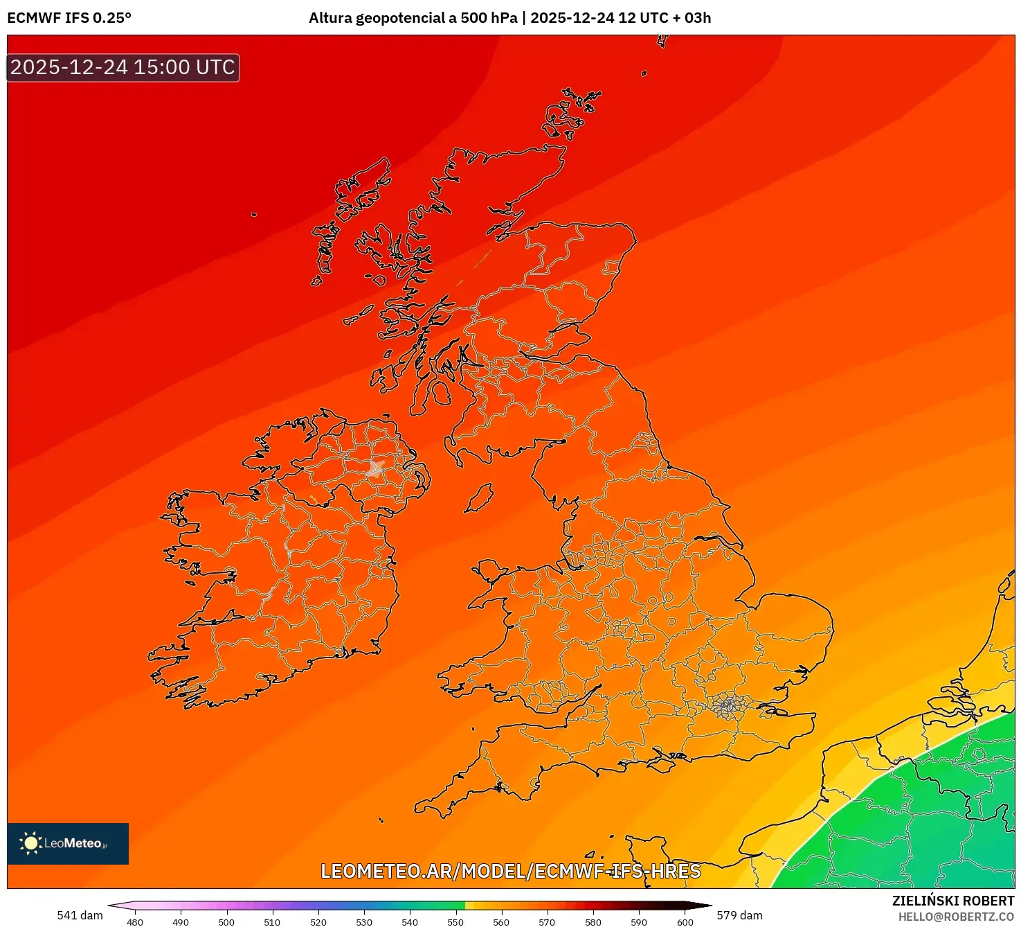 ECMWF IFS 0.25° model - Wielka Brytania, Wysokość geopotencjalna na poziomie 500 hPa