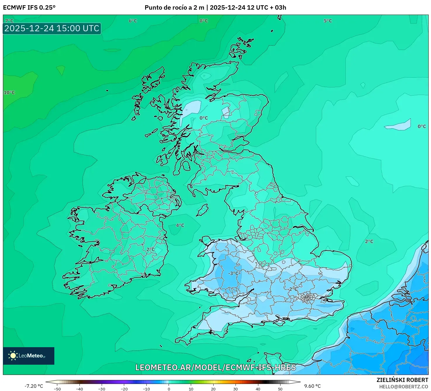 ECMWF IFS 0.25° model - Wielka Brytania, Punkt rosy na 2 m