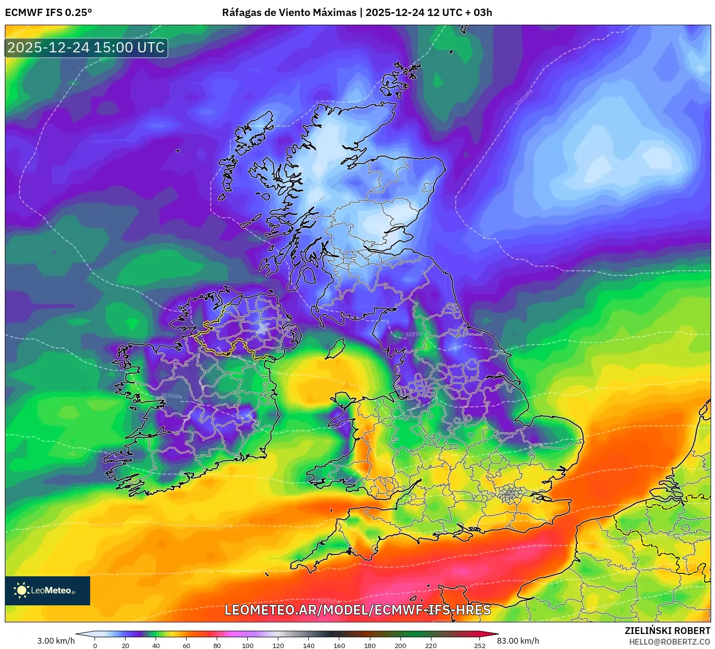 ECMWF IFS 0.25° model - Wielka Brytania, Maksymalne Porywy Wiatru