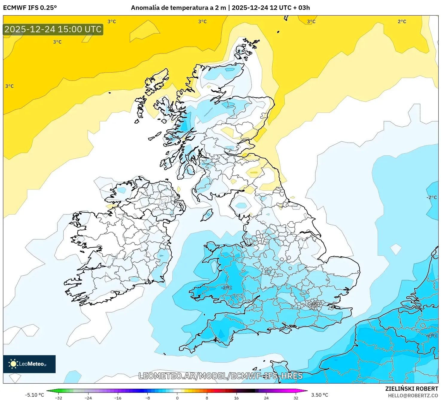 ECMWF IFS 0.25° model - Wielka Brytania, Anomalia temperatury na 2 m