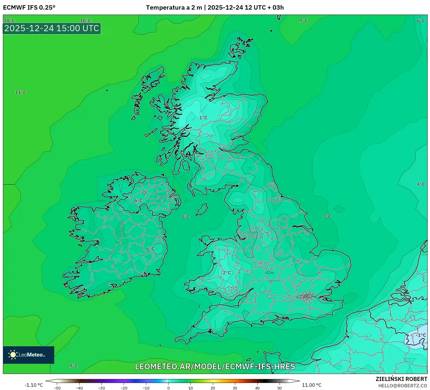 ECMWF IFS 0.25° model - Wielka Brytania, Temperatura na 2 m