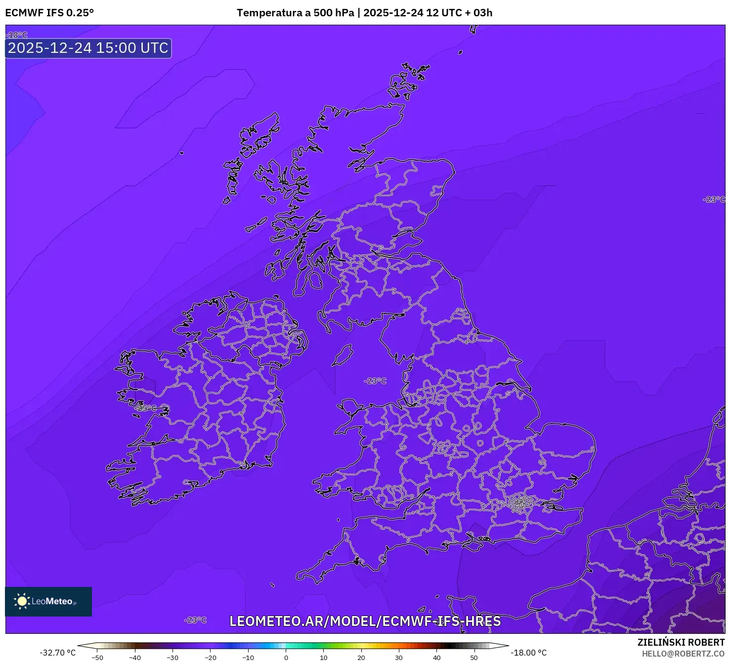 ECMWF IFS 0.25° model - Wielka Brytania, Temperatura na 500 hPa
