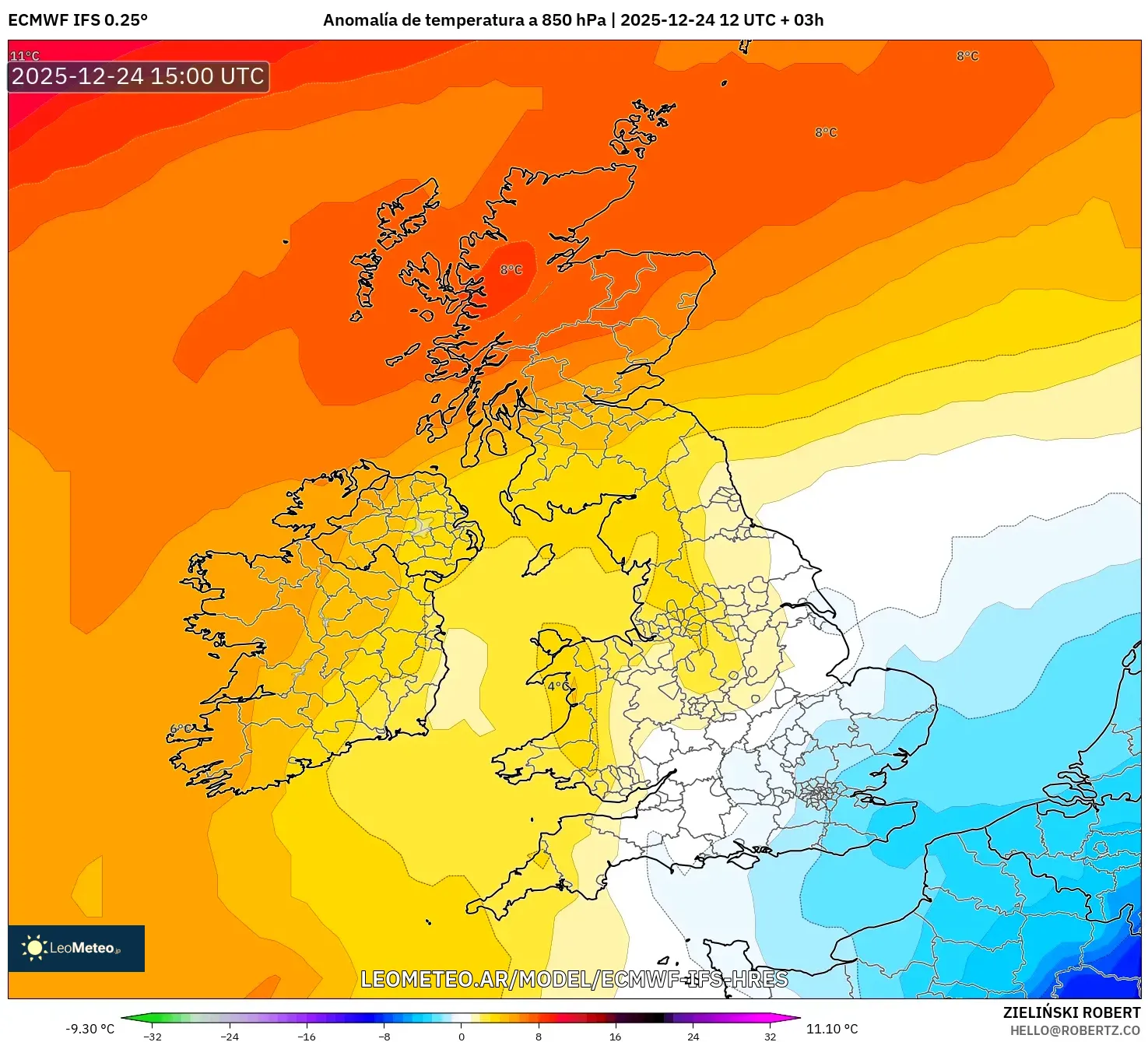ECMWF IFS 0.25° model - Wielka Brytania, Anomalia temperatury na 850 hPa