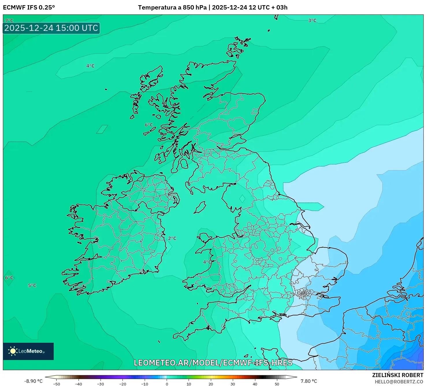 ECMWF IFS 0.25° model - Wielka Brytania, Temperatura na 850 hPa