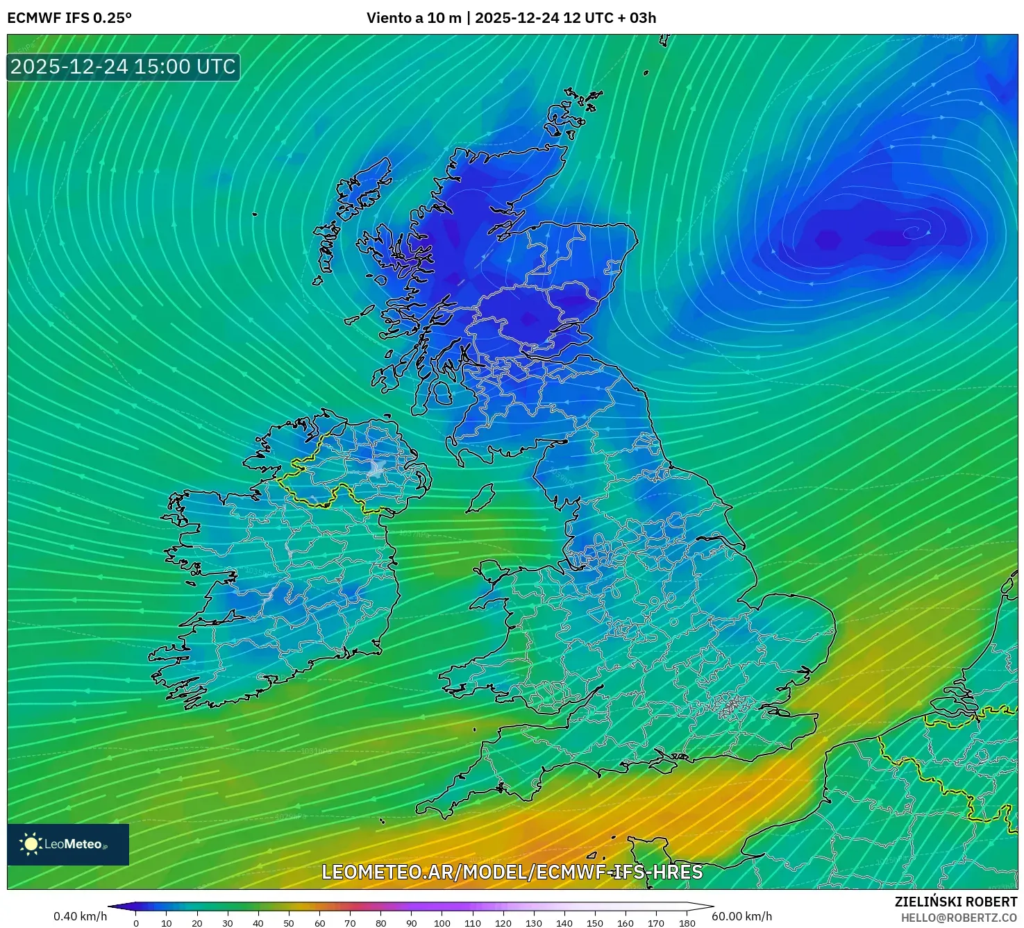 ECMWF IFS 0.25° model - Wielka Brytania, Wiatr na 10 m