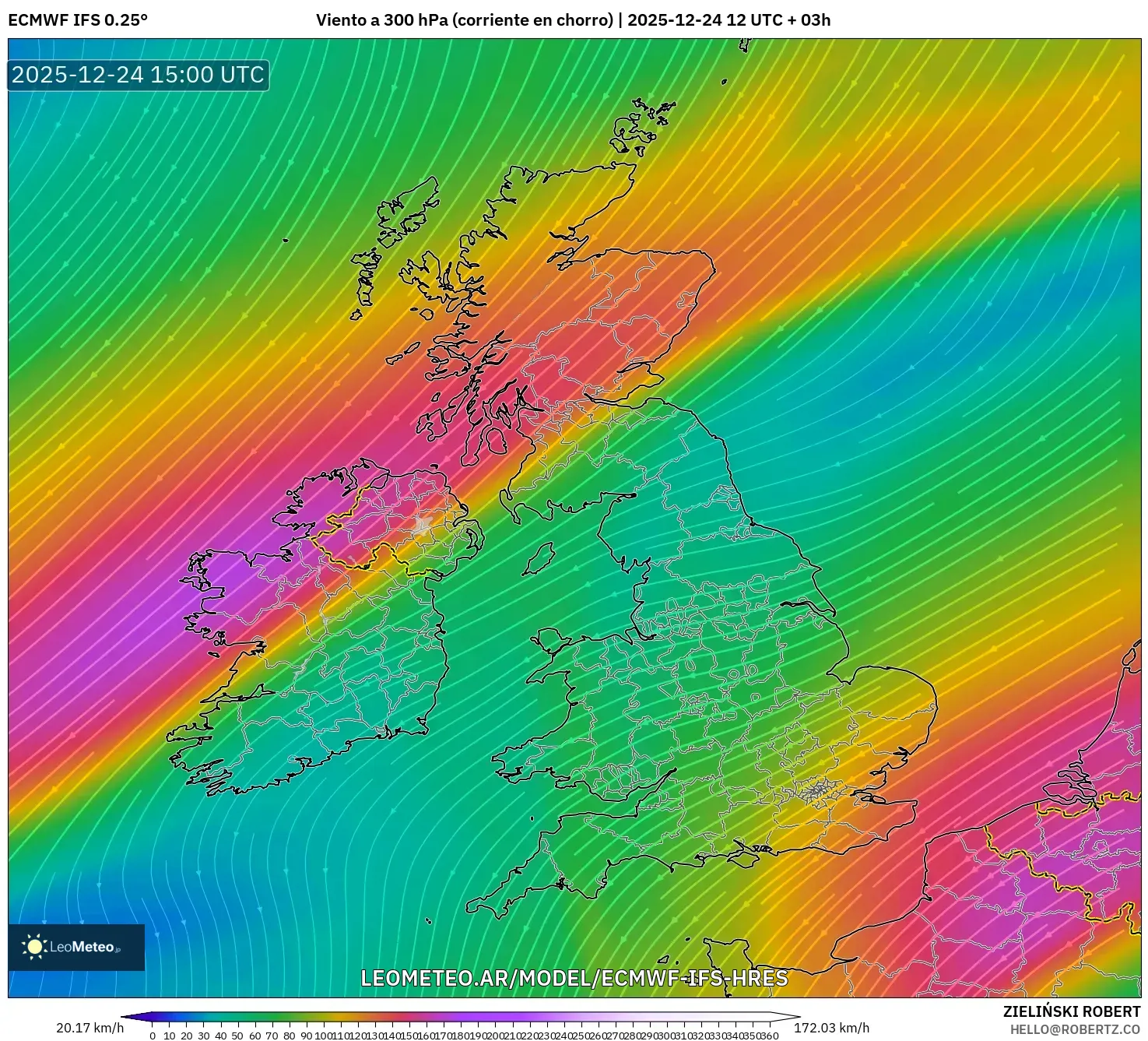 ECMWF IFS 0.25° model - Wielka Brytania, Wiatr na 300 hPa (prąd strumieniowy)