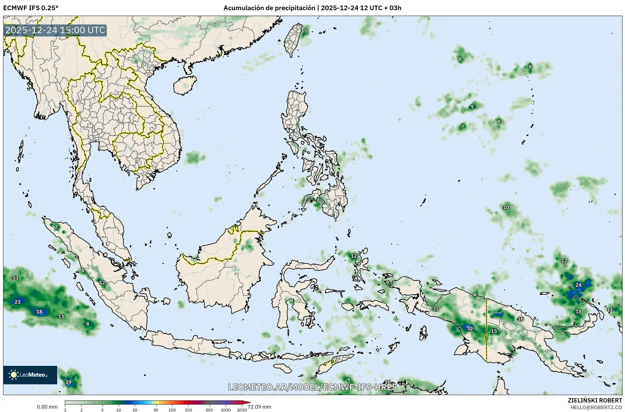 ECMWF IFS 0.25° model - Azja Południowo-Wschodnia, Suma opadów