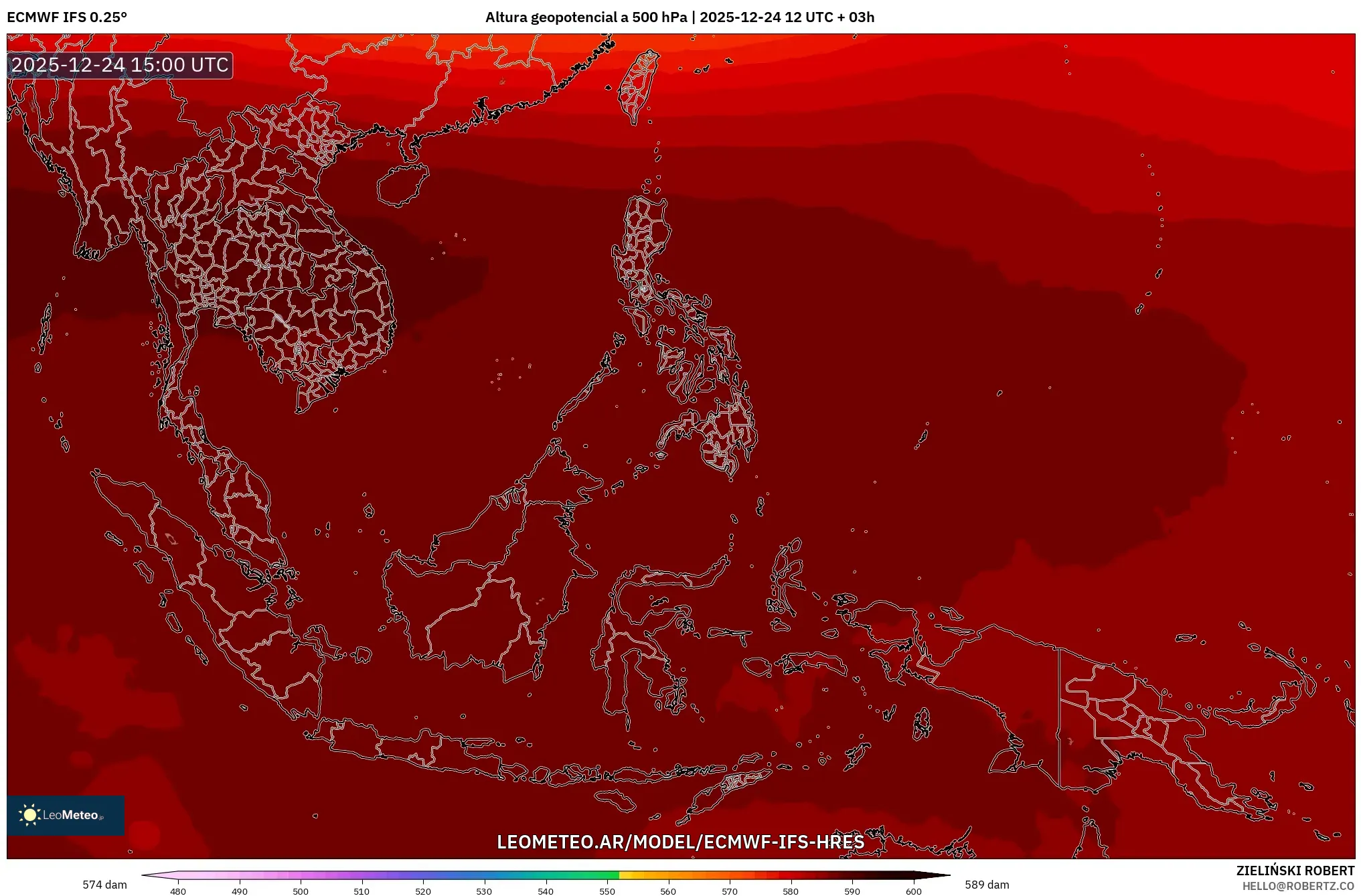 ECMWF IFS 0.25° model - Azja Południowo-Wschodnia, Wysokość geopotencjalna na poziomie 500 hPa