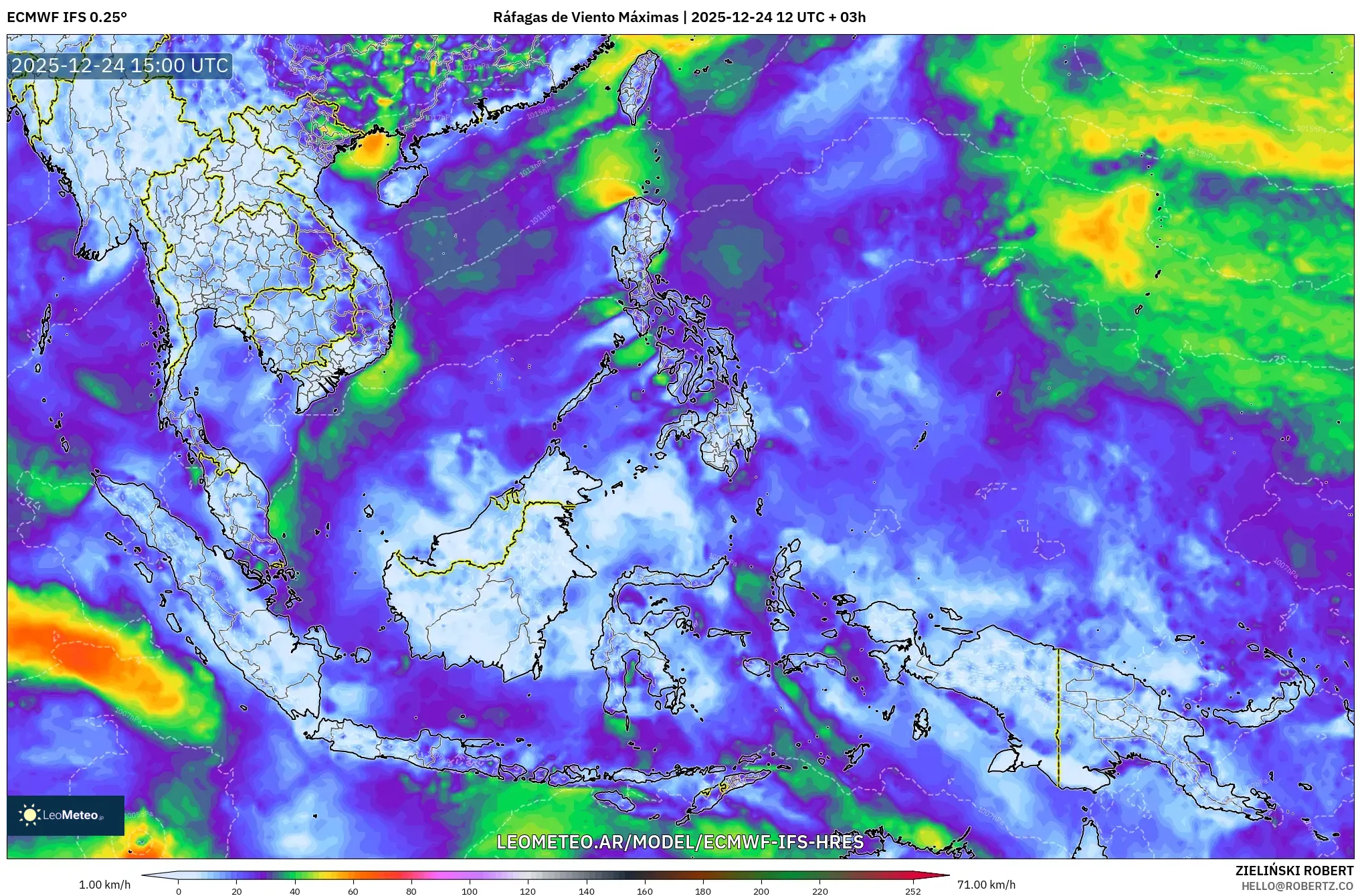 ECMWF IFS 0.25° model - Azja Południowo-Wschodnia, Maksymalne Porywy Wiatru