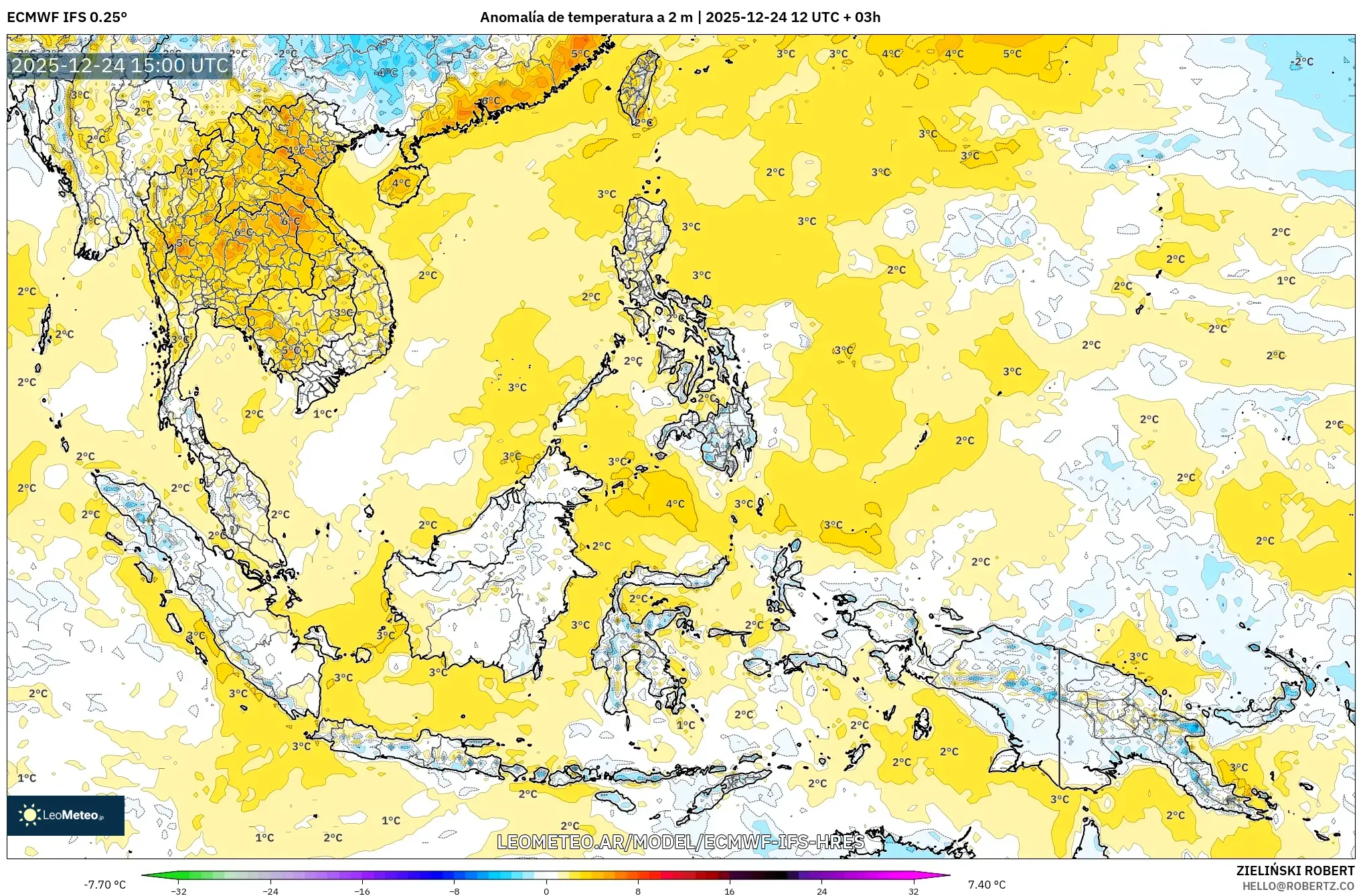 ECMWF IFS 0.25° model - Azja Południowo-Wschodnia, Anomalia temperatury na 2 m