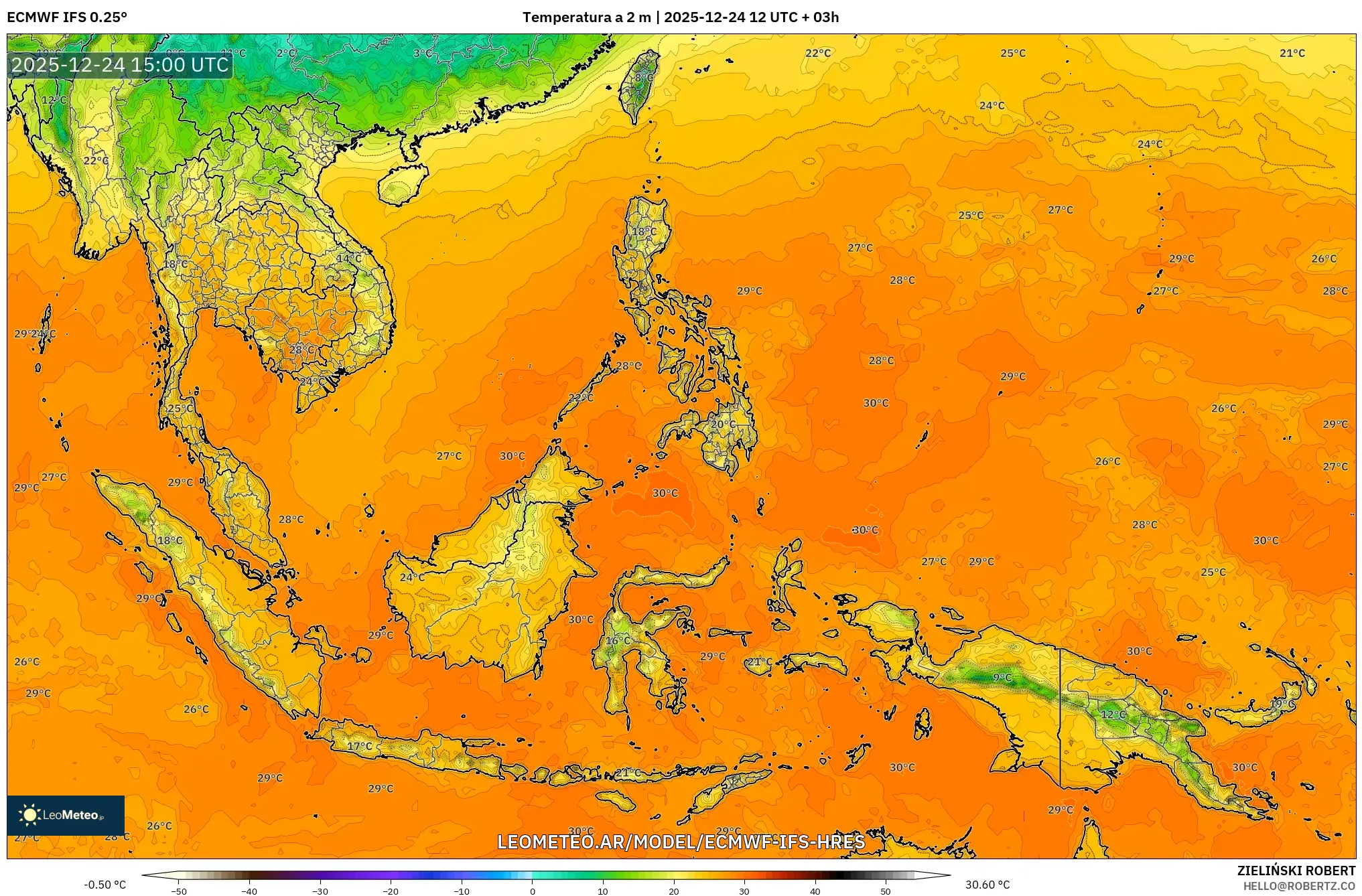 ECMWF IFS 0.25° model - Azja Południowo-Wschodnia, Temperatura na 2 m