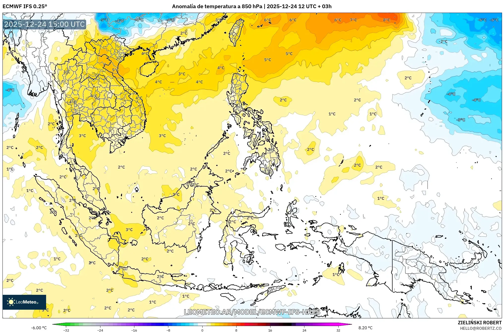 ECMWF IFS 0.25° model - Azja Południowo-Wschodnia, Anomalia temperatury na 850 hPa