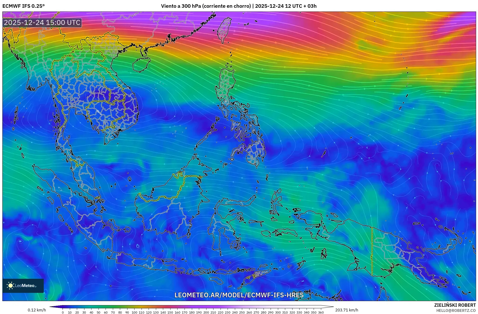 ECMWF IFS 0.25° model - Azja Południowo-Wschodnia, Wiatr na 300 hPa (prąd strumieniowy)