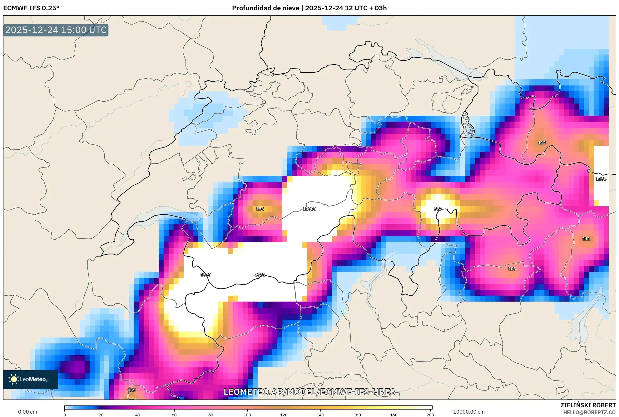 ECMWF IFS 0.25° model - Szwajcaria, Pokrywa śnieżna