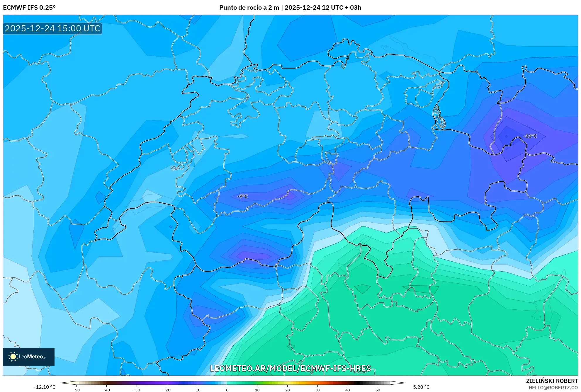 ECMWF IFS 0.25° model - Szwajcaria, Punkt rosy na 2 m