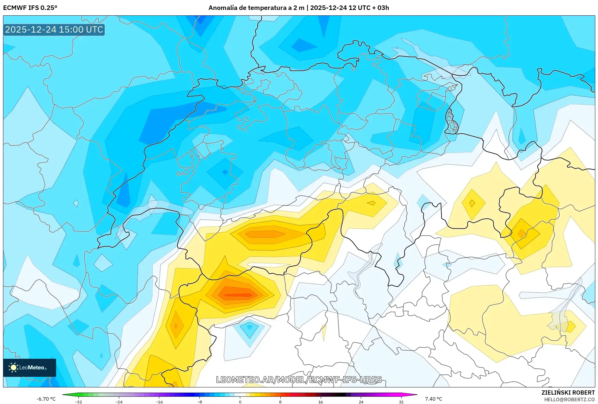 ECMWF IFS 0.25° model - Szwajcaria, Anomalia temperatury na 2 m