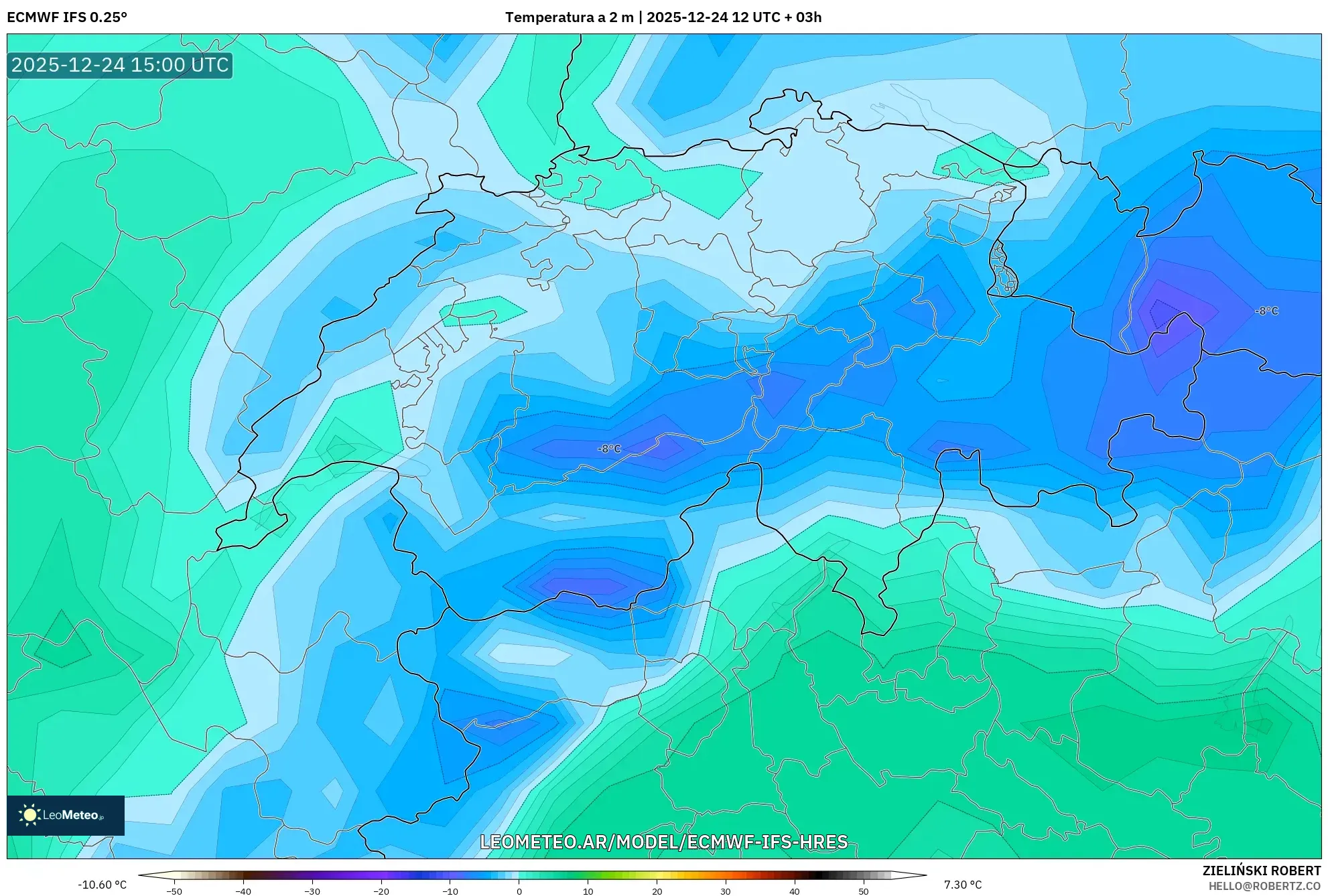 ECMWF IFS 0.25° model - Szwajcaria, Temperatura na 2 m