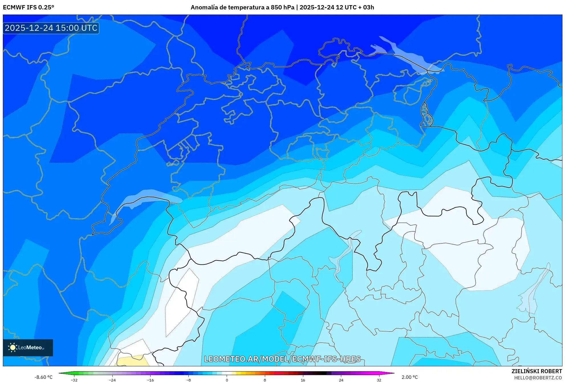 ECMWF IFS 0.25° model - Szwajcaria, Anomalia temperatury na 850 hPa