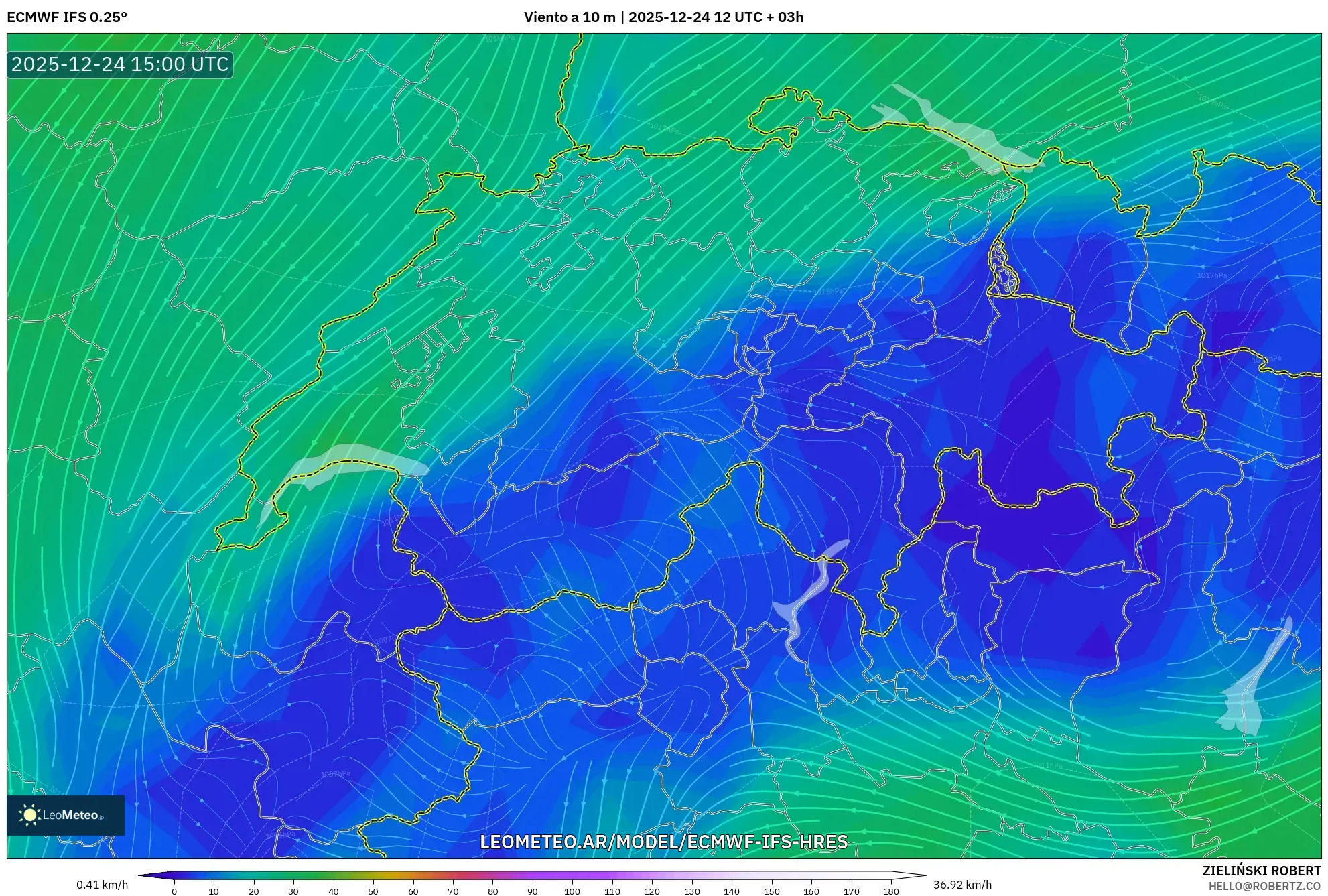 ECMWF IFS 0.25° model - Szwajcaria, Wiatr na 10 m