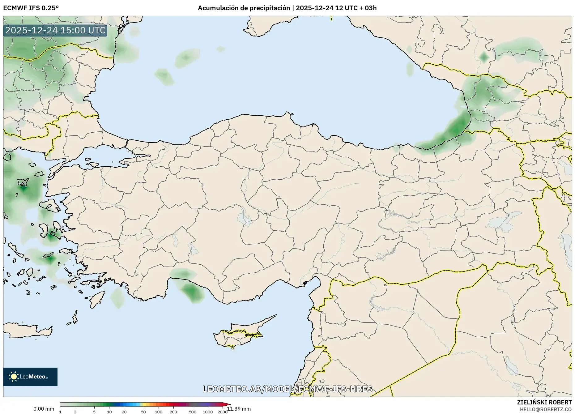 ECMWF IFS 0.25° model - Turcja, Suma opadów