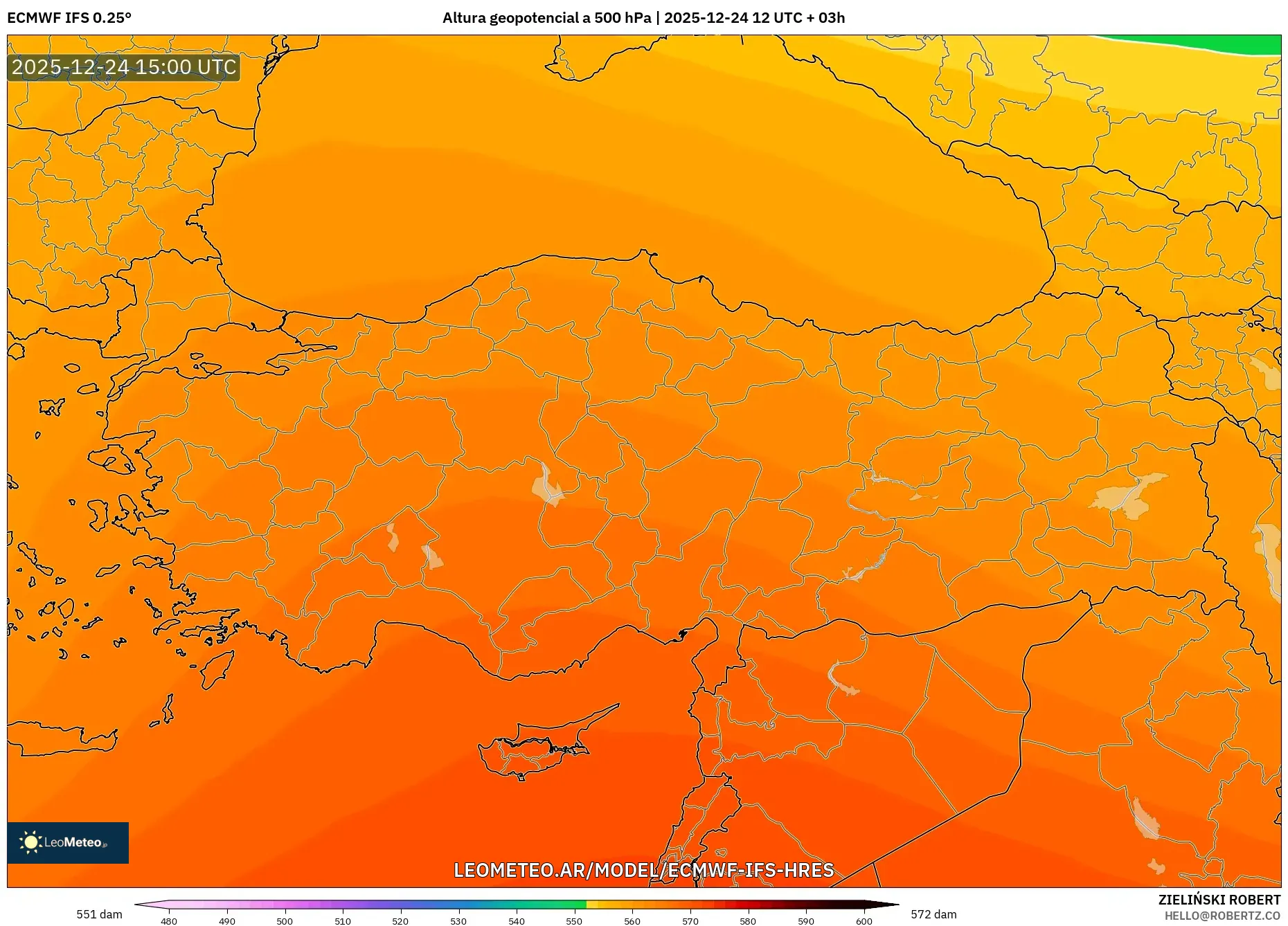 ECMWF IFS 0.25° model - Turcja, Wysokość geopotencjalna na poziomie 500 hPa