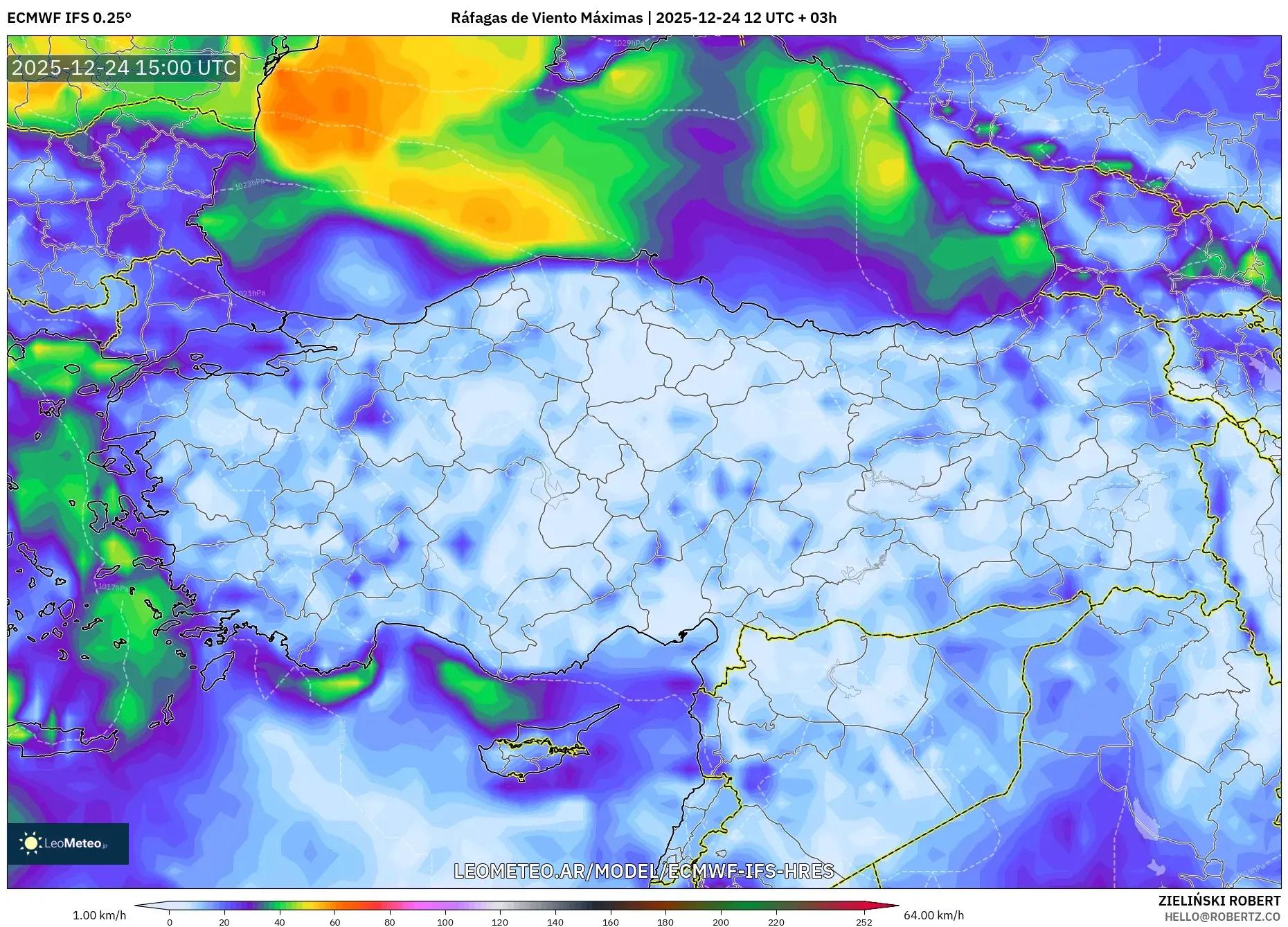 ECMWF IFS 0.25° model - Turcja, Maksymalne Porywy Wiatru