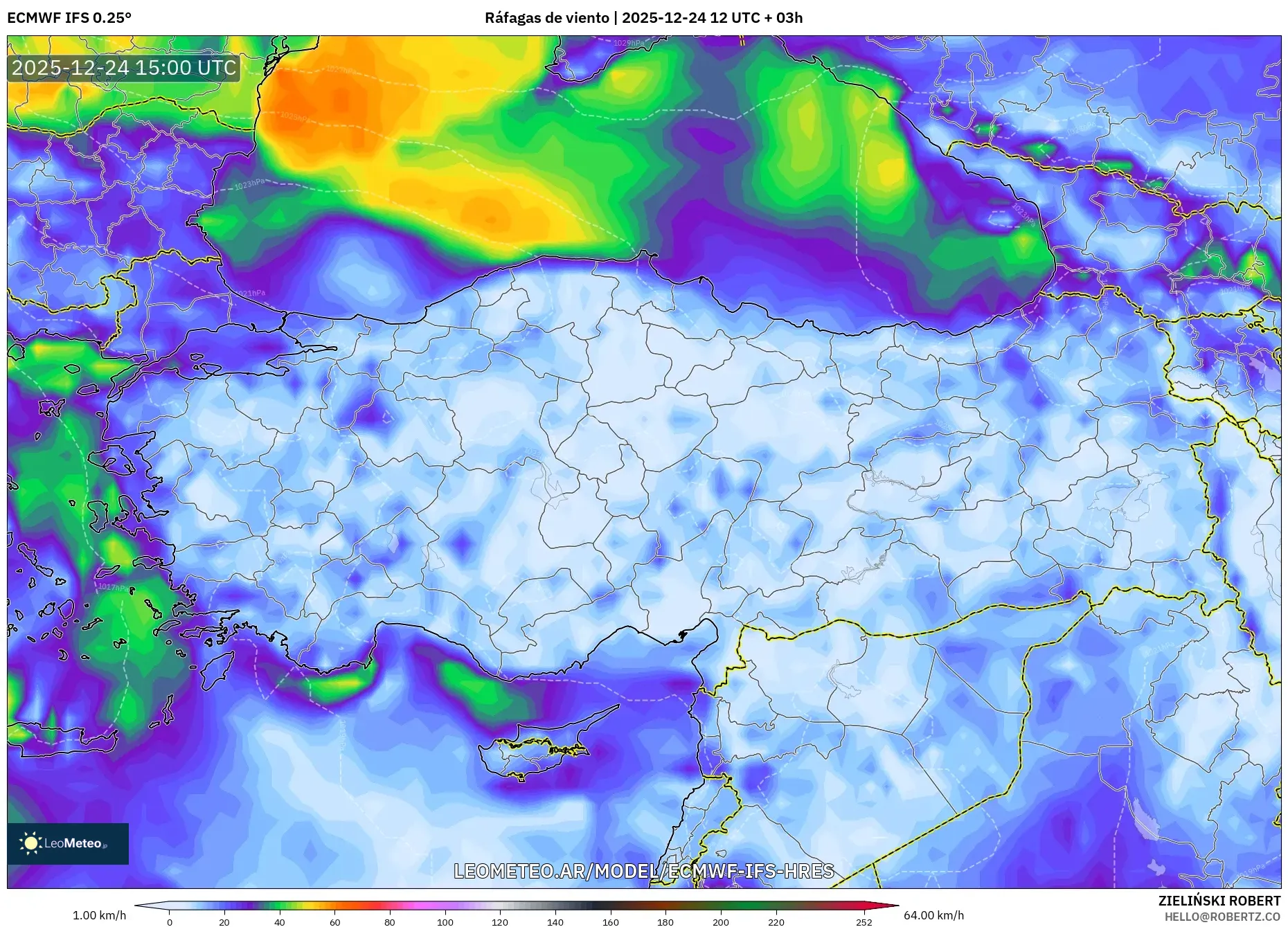 ECMWF IFS 0.25° model - Turcja, Porywy wiatru