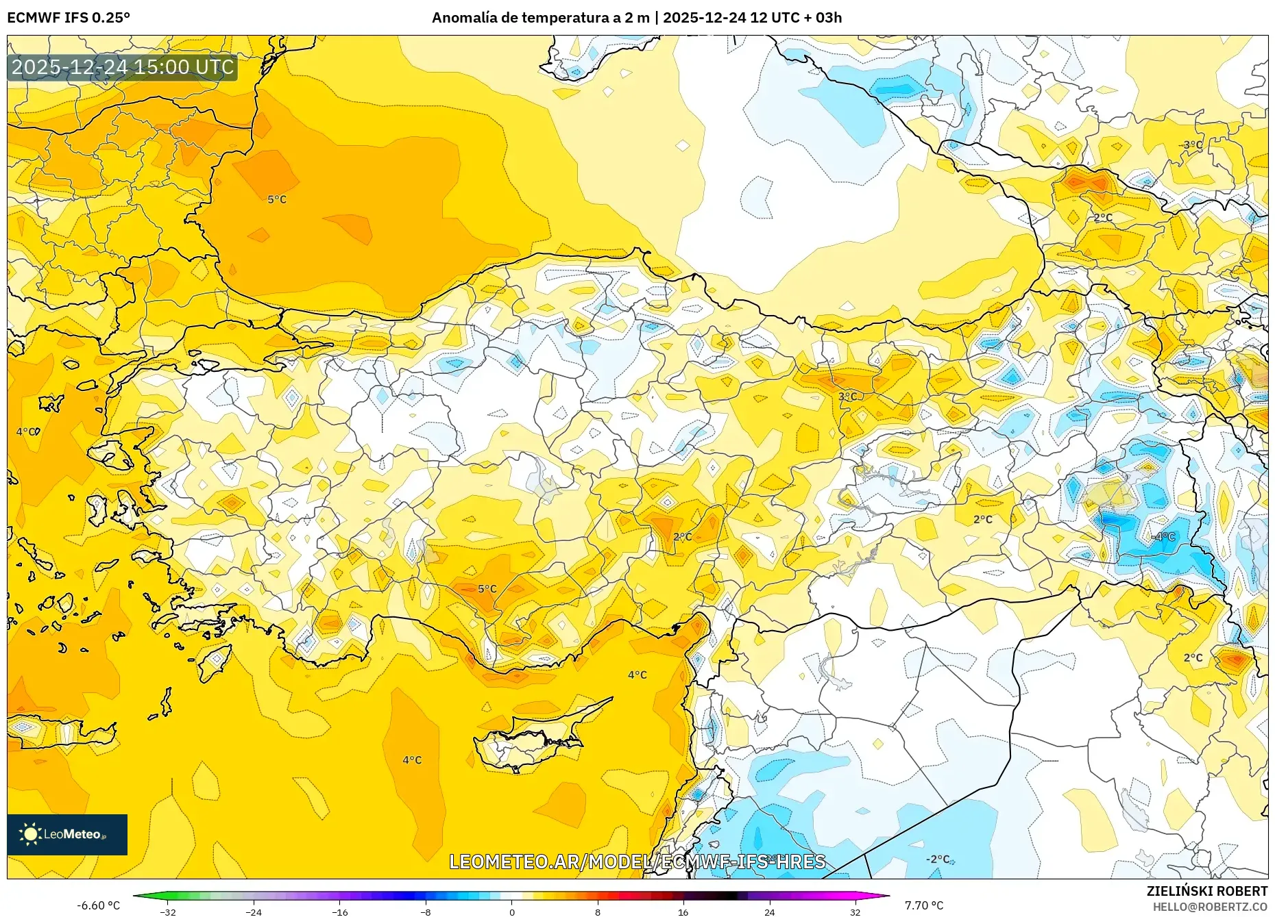 ECMWF IFS 0.25° model - Turcja, Anomalia temperatury na 2 m