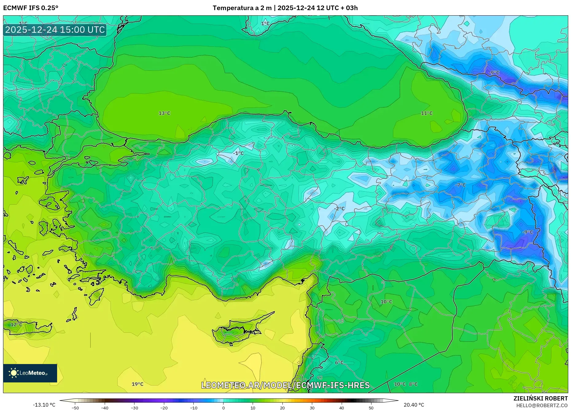 ECMWF IFS 0.25° model - Turcja, Temperatura na 2 m