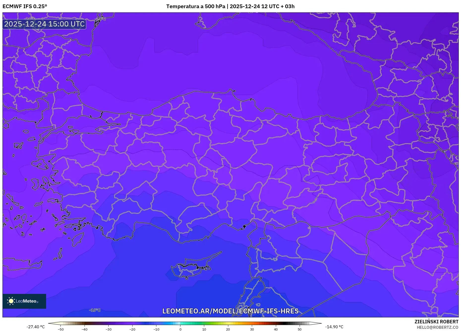 ECMWF IFS 0.25° model - Turcja, Temperatura na 500 hPa