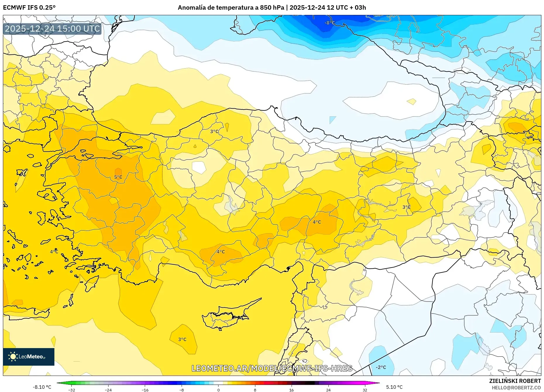 ECMWF IFS 0.25° model - Turcja, Anomalia temperatury na 850 hPa