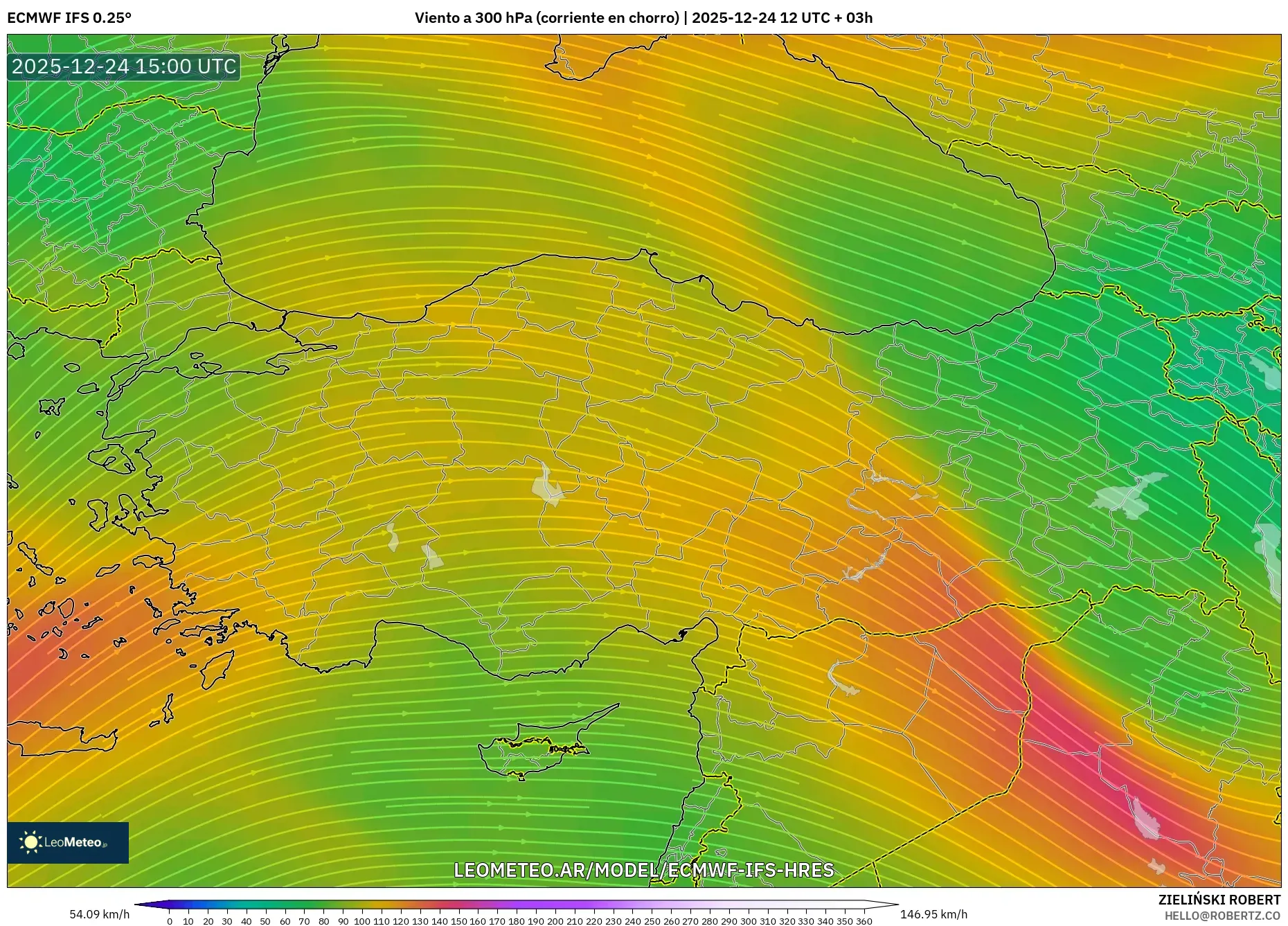 ECMWF IFS 0.25° model - Turcja, Wiatr na 300 hPa (prąd strumieniowy)
