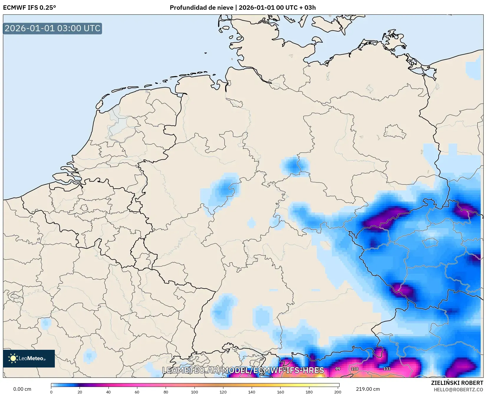ECMWF IFS 0.25° model - Alemania, Profundidad de nieve